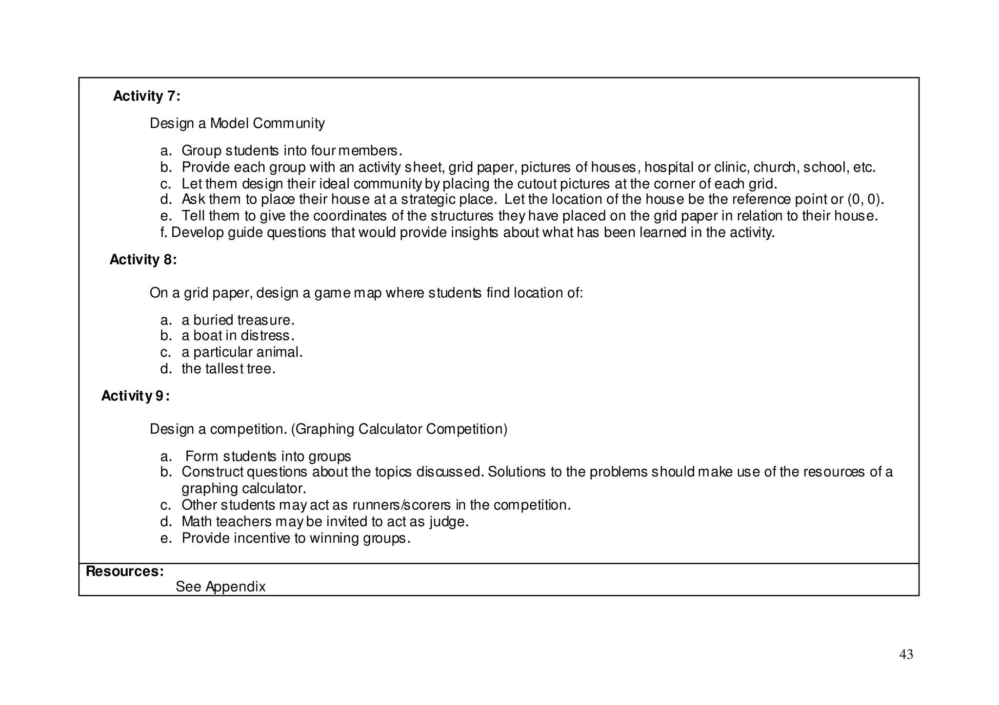 Activity 7:
         Design a Model Community
           a. Group students into four members.
           b. Provide each group with an activity sheet, grid paper, pictures of houses, hospital or clinic, church, school, etc.
           c. Let them design their ideal community by placing the cutout pictures at the corner of each grid.
           d. Ask them to place their house at a strategic place. Let the location of the house be the reference point or (0, 0).
           e. Tell them to give the coordinates of the structures they have placed on the grid paper in relation to their house.
           f. Develop guide questions that would provide insights about what has been learned in the activity.
   Activity 8:

         On a grid paper, design a game map where students find location of:
           a.    a buried treasure.
           b.    a boat in distress.
           c.    a particular animal.
           d.    the tallest tree.
 Activity 9 :

         Design a competition. (Graphing Calculator Competition)
           a. Form students into groups
           b. Construct questions about the topics discussed. Solutions to the problems should make use of the resources of a
              graphing calculator.
           c. Other students may act as runners/scorers in the competition.
           d. Math teachers may be invited to act as judge.
           e. Provide incentive to winning groups.

Resources:
                See Appendix



                                                                                                                                    43
 