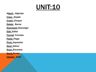 UNIT:10
Attach : Adjuntar
Copy: Dupdo
Crash: Choque
Delete: Borrar
Download: Descargar
Edit: Editar
Format: Formato
Paste: Pegar
Print: Impresión
Save: Salvar
Scan: Escanear
Send: Enviar
Upload: Subir
 