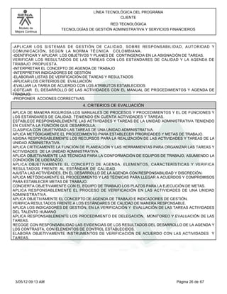 LÍNEA TECNOLÓGICA DEL PROGRAMA
                                                CLIENTE
                                           RED TECNOLÓGICA
   Modelo de          TECNOLOGÍAS DE GESTIÓN ADMINISTRATIVA Y SERVICIOS FINANCIEROS
 Mejora Continua




-APLICAR LOS SISTEMAS DE GESTIÓN DE CALIDAD, SOBRE RESPONSABILIDAD, AUTORIDAD Y
COMUNICACIÓN, SEGÚN LA NORMA TÉCNICA COLOMBIANA.
-IDENTIFICAR Y APLICAR LOS OBJETIVOS Y PLANES DE CONTINGENCIA EN LA ASIGNACIÓN DE TAREAS.
VERIFICAR LOS RESULTADOS DE LAS TAREAS CON LOS ESTÁNDARES DE CALIDAD Y LA AGENDA DE
TRABAJO PROPUESTA.
-INTERPRETAR EL CONCEPTO DE AGENDA DE TRABAJO
-INTERPRETAR INDICADORES DE GESTIÓN
-ELABORAR LISTAS DE VERIFICACIÓN DE TAREAS Y RESULTADOS
-APLICAR LOS CRITERIOS DE EVALUACIÓN
-EVALUAR LA TAREA DE ACUERDO CON LOS ATRIBUTOS ESTABLECIDOS
-COTEJAR EL DESARROLLO DE LAS ACTIVIDADES CON EL MANUAL DE PROCEDIMIENTOS Y AGENDA DE
TRABAJO.
-PROPONER ACCIONES CORRECTIVAS.
                                4. CRITERIOS DE EVALUACIÓN
APLICA DE MANERA RIGUROSA LOS MANUALES DE PROCESOS Y PROCEDIMIENTOS Y EL DE FUNCIONES Y
LOS ESTÁNDARES DE CALIDAD, TENIENDO EN CUENTA ACTIVIDADES Y TAREAS.
ESTABLECE RESPONSABLEMENTE LAS ACTIVIDADES Y TAREAS DE LA UNIDAD ADMINISTRATIVA TENIENDO
EN CUENTA LA FUNCIÓN QUE DESARROLLA.
CLASIFICA CON OBJETIVIDAD LAS TAREAS DE UNA UNIDAD ADMINISTRATIVA.
APLICA METÓDICAMENTE EL PROCEDIMIENTO PARA ESTABLECER PRIORIDADES Y METAS DE TRABAJO.
ASIGNA RESPONSABLEMENTE LOS RECURSOS PARA LA REALIZACIÓN DE LAS ACTIVIDADES Y TAREAS DE LA
UNIDAD ADMINISTRATIVA.
APLICA CRÍTICAMENTE LA FUNCIÓN DE PLANEACIÓN Y LAS HERRAMIENTAS PARA ORGANIZAR LAS TAREAS Y
ACTIVIDADES DE LA UNIDAD ADMINISTRATIVA.
APLICA OBJETIVAMENTE LAS TÉCNICAS PARA LA CONFORMACIÓN DE EQUIPOS DE TRABAJO, ASUMIENDO LA
CONDICIÓN DE LIDERAZGO.
APLICA OBJETIVAMENTE EL CONCEPTO DE AGENDA, ELEMENTOS, CARACTERÍSTICAS Y VERIFICA
RESULTADOS FRENTE AL ESTÁNDAR DE CALIDAD.
AJUSTA LAS ACTIVIDADES, EN EL DESARROLLO DE LA AGENDA CON RESPONSABILIDAD Y DISCRECIÓN.
APLICA METÓDICAMENTE EL PROCEDIMIENTO Y LAS TÉCNICAS PARA LLEGAR A ACUERDOS Y COMPROMISOS
PARA ESTABLECER METAS DE TRABAJO.
CONCIERTA OBJETIVAMENTE CON EL EQUIPO DE TRABAJO LOS PLAZOS PARA LA EJECUCIÓN DE METAS.
APLICA RESPONSABLEMENTE EL PROCESO DE VERIFICACIÓN EN LAS ACTIVIDADES DE UNA UNIDAD
ADMINISTRATIVA.
APLICA OBJETIVAMENTE EL CONCEPTO DE AGENDA DE TRABAJO E INDICADORES DE GESTIÓN.
VERIFICA RESULTADOS FRENTE A LOS ESTÁNDARES DE CALIDAD DE MANERA RESPONSABLE.
APLICA LOS INDICADORES DE GESTIÓN, EN LA VERIFICACIÓN Y EVALUACIÓN DE LAS TAREAS ACTIVIDADES
DEL TALENTO HUMANO
APLICA RESPONSABLEMENTE LOS PROCEDIMIENTO DE DELEGACIÓN, MONITOREO Y EVALUACIÓN DE LAS
TAREAS.
RECOGE CON RESPONSABILIDAD LAS EVIDENCIAS DE LOS RESULTADOS DEL DESARROLLO DE LA AGENDA Y
LOS CONTRASTA, CON ELEMENTOS DE CONTROL ESTABLECIDOS.
ELABORA OBJETIVAMENTE INSTRUMENTOS DE VERIFICACIÓN DE ACUERDO CON LAS ACTIVIDADES Y
TAREAS.




 3/05/12 09:13 AM                                                         Página 26 de 67
 
