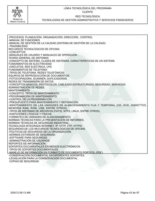 LÍNEA TECNOLÓGICA DEL PROGRAMA
                                              CLIENTE
                                         RED TECNOLÓGICA
   Modelo de        TECNOLOGÍAS DE GESTIÓN ADMINISTRATIVA Y SERVICIOS FINANCIEROS
 Mejora Continua




-PROCESOS: PLANEACIÓN, ORGANIZACIÓN, DIRECCIÓN, CONTROL
-MANUAL DE FUNCIONES
-MANUAL DE GESTIÓN DE LA CALIDAD (SISTEMA DE GESTIÓN DE LA CALIDAD)
-TRAZABILIDAD
RECURSOS TECNOLÓGICOS DE OFICINA:
-CONCEPTOS
-MANUALES DE USUARIO Y MANUALES DE OPERACIÓN
TEORÍA GENERAL DE SISTEMAS
-CONCEPTO DE SISTEMA, CLASES DE SISTEMAS, CARACTERÍSTICAS DE UN SISTEMA
FUNDAMENTOS DE ELECTRICIDAD
-CIRCUITOS, RED ELÉCTRICA, UPS
FUNDAMENTOS DE TELEFONÍA
-TIPOS DE TELEFONÍA, REDES TELEFÓNICAS
EQUIPOS DE REPRODUCCIÓN DE DOCUMENTOS.
-FOTOCOPIADORA, SCANNER, DUPLICADORAS
REDES DE TRANSMISIÓN DE DATOS
-CONCEPTOS BÁSICOS, PROTOCOLOS, CABLEADO ESTRUCTURADO, SEGURIDAD, SERVICIOS
ADMINISTRACIÓN DE REDES
MANTENIMIENTO
-CONCEPTO, TIPOS DE MANTENIMIENTO
-PROGRAMACIÓN DE MANTENIMIENTO.
-CONTROL DE LA PROGRAMACIÓN
-PRESUPUESTO PARA MANTENIMIENTO Y REPARACIÓN.
-MANTENIMIENTO DE LAS UNIDADES DE ALMACENAMIENTO FIJA Y TEMPORAL (CD, DVD, DISKETTES,
MEMORIA RAM, ROM, USB, ENTRE OTROS).
-TIPOS DE SISTEMAS DE ARCHIVOS (FAT32, NTFS, LINUX, ENTRE OTROS).
-PARTICIONES LÓGICAS Y FÍSICAS
-FORMATEO DE UNIDADES DE ALMACENAMIENTO
NORMAS TÉCNICAS PARA LA PRESENTACIÓN DE INFORMES.
NORMAS TÉCNICAS DE SEGURIDAD INDUSTRIAL.
TECNOLOGÍA INTEGRADA INTERNET: IP, HTTP, FTP, HTTPS.
SEGURIDAD DE LOS RECURSOS TECNOLÓGICOS DE OFICINA.
-POLÍTICAS DE SEGURIDAD DE LA ORGANIZACIÓN.
-NORMAS ESTÁNDAR DE SEGURIDAD.
-SOFTWARE PARA SEGURIDAD
-ADMINISTRACIÓN DE USUARIOS
REPORTES DE INFORMACIÓN.
SOPORTES DOCUMENTALES EN MEDIOS ELECTRÓNICOS.
-TIPOS DE SOPORTES DOCUMENTALES.
-MANEJO DE INFORMACIÓN EN FORMATO DE DOCUMENTO PORTÁTIL (PDF).
-CONSERVACIÓN DOCUMENTAL EN DIFERENTES SOPORTES.
-LEGISLACIÓN PARA LA CONSERVACIÓN DOCUMENTAL.
 COPIAS DE SEGURIDAD.




 3/05/12 09:13 AM                                                       Página 43 de 67
 