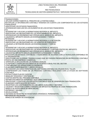 LÍNEA TECNOLÓGICA DEL PROGRAMA
                                               CLIENTE
                                          RED TECNOLÓGICA
   Modelo de         TECNOLOGÍAS DE GESTIÓN ADMINISTRATIVA Y SERVICIOS FINANCIEROS
 Mejora Continua




TRANSACCIONES.
-APLICAR CORRECTAMENTE EL PRINCIPIO DE LA PARTIDA DOBLE.
RECOPILAR LA INFORMACIÓN CONTABLE TENIENDO EN CUENTA LOS COMPONENTES DE LOS ESTADOS
FINANCIEROS.
-IDENTIFICAR LOS ESTADOS FINANCIEROS.
-DIFERENCIAR CADA UNO DE LOS ELEMENTOS DE LOS ESTADO FINANCIEROS.
IVA:
-INTERPRETAR Y APLICAR LA NORMATIVIDAD REFERIDA AL IMPUESTO.
-IDENTIFICAR LAS OBLIGACIONES DE LOS RESPONSABLES DEL IMPUESTO.
-DIFERENCIAR LOS REGÍMENES QUE OPERAN EN EL MANEJO DEL IMPUESTO.
-LIQUIDAR EL IMPUESTO SEGÚN LAS DIVERSAS BASES Y TARIFAS
RETENCIÓN:
-INTERPRETAR Y APLICAR LA NORMATIVIDAD REFERIDA A LA RETENCIÓN.
-IDENTIFICAR LAS OBLIGACIONES DE LOS AGENTES RETENEDORES.
-LIQUIDAR LA RETENCIÓN SEGÚN LAS DIVERSAS BASES Y TARIFAS.
ICA:
-INTERPRETAR Y APLICAR LA NORMATIVIDAD REFERIDA AL IMPUESTO.
-IDENTIFICAR LAS OBLIGACIONES DE LOS RESPONSABLES Y CONTRIBUYENTES DEL IMPUESTO.
-DIFERENCIAR LOS REGIMENES QUE OPERAN EN EL MANEJO DEL IMPUESTO.
-LIQUIDAR EL IMPUESTO SEGÚN LAS DIVERSAS ACTIVIDADES Y TARIFAS.
PROCESAR LOS ESTADOS CONTABLES Y FINANCIEROS DE ACUERDO CON LA TECNOLOGÍA DISPONIBLE EN
LA ORGANIZACIÓN.
-IDENTIFICAR LAS DIVERSAS TRANSACCIONES QUE SE PUEDEN PRESENTAR EN UN PROCESO CONTABLE
PROPIO DE UNA EMPRESA COMERCIAL.
-VERIFICAR LA APLICACIÓN DE LAS NORMAS LEGALES.
-CLASIFICAR Y CODIFICAR DOCUMENTOS DE ACUERDO CON EL PUC DEL SECTOR.
-CONTABILIZAR LAS OPERACIONES ECONÓMICAS.
-ELABORAR COMPROBANTES Y LIBROS OFICIALES.
-RECONOCER LAS CARACTERÍSTICAS DEL SOFTWARE CONTABLE HA UTILIZAR EN EL TALLER.
-COMPRENDER LAS FASES DE UN PROCESO CONTABLE REALIZADO CON LA AYUDA DE SOFTWARE
CONTABLE.
-ESTRUCTURAR PLAN DE CUENTAS.
-MANEJAR TERCEROS Y CENTROS DE
-COSTOS DENTRO DEL PROCESO CONTABLE.
-DEFINIR DOCUMENTOS SOPORTES Y SUS CARACTERÍSTICAS.
-IDENTIFICAR Y CODIFICAR LOS SOPORTES CONTABLES QUE SE GENEREN EN CADA TRANSACCIÓN.
-ELABORAR COMPROBANTES DE DIARIO.
-REGISTRAR LOS COMPROBANTES EN LOS LIBROS AUXILIARES Y MAYORES.
-LIQUIDAR Y REGISTRAR CORRECTAMENTE LOS IMPUESTOS PROPIOS DE CADA TRANSACCIÓN.
-MANEJO DE INVENTARIOS DE MERCANCÍAS:
-ENTRADAS Y SALIDAS
-DEVOLUCIONES.
-SISTEMAS DE REGISTRO DE INVENTARIOS (PERIÓDICO, PERMANENTE).
-MÉTODOS DE VALUACIÓN.
-MANEJO DE KARDEX DE EXISTENCIAS.




 3/05/12 09:13 AM                                                        Página 52 de 67
 