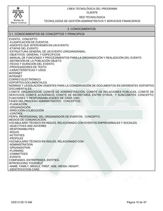 LÍNEA TECNOLÓGICA DEL PROGRAMA
                                              CLIENTE
                                         RED TECNOLÓGICA
   Modelo de        TECNOLOGÍAS DE GESTIÓN ADMINISTRATIVA Y SERVICIOS FINANCIEROS
 Mejora Continua


                                  3. CONOCIMIENTOS
3.1. CONOCIMIENTOS DE CONCEPTOS Y PRINCIPIOS
EVENTO. CONCEPTO
-CLASIFICACIÓN DE EVENTOS
-AGENTES QUE INTERVIENEN EN UN EVENTO.
-ETAPAS DEL EVENTO
-ESTRUCTURA GENERAL DE UN EVENTO (ORGANIGRAMA).
-OBJETIVOS: GENERAL Y ESPECÍFICOS
-MANUAL DE FUNCIONES Y PROCEDIMIENTOS PARA LA ORGANIZACIÓN Y REALIZACIÓN DEL EVENTO
-DEFINICIÓN DE LA POBLACIÓN OBJETO
-FECHA Y DURACIÓN DEL EVENTO.
-PROCESADORES DE TEXTO
-CARACTERÍSTICAS Y USOS
INTERNET
INTRANET
CORREO ELECTRÓNICO
SOPORTES DOCUMENTALES.
NORMAS Y LEGISLACIÓN VIGENTES PARA LA CONSERVACIÓN DE DOCUMENTOS EN DIFERENTES SOPORTES
DOCUMENTALES.
COMITÉ ORGANIZADOR, COMITÉ DE ADMINISTRACIÓN, COMITÉ DE RELACIONES PÚBLICAS, COMITÉ DE
SERVICIOS, COMITÉ ACADÉMICO, COMITÉ DE SECRETARÍA, ENTRE OTROS; Y SUBCOMITÉS. CONCEPTO,
FUNCIONES Y RESPONSABILIDADES DE CADA UNO.
FASES DEL PROCESO ADMINISTRATIVO. CONCEPTOS:
-PLANEACIÓN
-ORGANIZACIÓN
-DIRECCIÓN O EJECUCIÓN
-CONTROL
PERFIL PROFESIONAL DEL ORGANIZADOR DE EVENTOS. CONCEPTO.
MEDIOS DE COMUNICACIÓN.
VOCABULARIO TÉCNICO EN INGLÉS, RELACIONADO CON EVENTOS EMPRESARIALES Y SOCIALES.
-ADJECTIVES AND ADVERBS
-RESPONSIBILITIES
-ROLES
-ACTIVITIES
-PROFILES
VOCABULARIO TÉCNICO EN INGLÉS, RELACIONADO CON:
-ADMINISTRATION
-ORGANIZATION
-PLANNING
-COMMITTEES
-EVENTS
COMPANIES, ENTREPRISES, ENTITIES.
INTRODUCING YOURSELF
-NAME: FAMILY, MIDDLE, FIRST, AGE, WEIGH, HEIGHT.
-IDENTIFICATION CARD




 3/05/12 09:13 AM                                                       Página 10 de 67
 