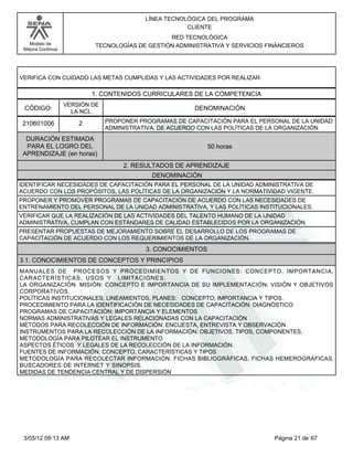 LÍNEA TECNOLÓGICA DEL PROGRAMA
                                                       CLIENTE
                                                 RED TECNOLÓGICA
   Modelo de                TECNOLOGÍAS DE GESTIÓN ADMINISTRATIVA Y SERVICIOS FINANCIEROS
 Mejora Continua




VERIFICA CON CUIDADO LAS METAS CUMPLIDAS Y LAS ACTIVIDADES POR REALIZAR.

                           1. CONTENIDOS CURRICULARES DE LA COMPETENCIA
                   VERSIÓN DE
 CÓDIGO:             LA NCL
                                                         DENOMINACIÓN

 210601006             2        PROPONER PROGRAMAS DE CAPACITACIÓN PARA EL PERSONAL DE LA UNIDAD
                                ADMINISTRATIVA, DE ACUERDO CON LAS POLÍTICAS DE LA ORGANIZACIÓN
  DURACIÓN ESTIMADA
  PARA EL LOGRO DEL                                           50 horas
 APRENDIZAJE (en horas)
                                     2. RESULTADOS DE APRENDIZAJE
                                             DENOMINACIÓN
IDENTIFICAR NECESIDADES DE CAPACITACIÓN PARA EL PERSONAL DE LA UNIDAD ADMINISTRATIVA DE
ACUERDO CON LOS PROPÓSITOS, LAS POLÍTICAS DE LA ORGANIZACIÓN Y LA NORMATIVIDAD VIGENTE.
PROPONER Y PROMOVER PROGRAMAS DE CAPACITACIÓN DE ACUERDO CON LAS NECESIDADES DE
ENTRENAMIENTO DEL PERSONAL DE LA UNIDAD ADMINISTRATIVA, Y LAS POLÍTICAS INSTITUCIONALES.
VERIFICAR QUE LA REALIZACIÓN DE LAS ACTIVIDADES DEL TALENTO HUMANO DE LA UNIDAD
ADMINISTRATIVA, CUMPLAN CON ESTÁNDARES DE CALIDAD ESTABLECIDOS POR LA ORGANIZACIÓN.
PRESENTAR PROPUESTAS DE MEJORAMIENTO SOBRE EL DESARROLLO DE LOS PROGRAMAS DE
CAPACITACIÓN DE ACUERDO CON LOS REQUERIMIENTOS DE LA ORGANIZACIÓN.
                                           3. CONOCIMIENTOS
3.1. CONOCIMIENTOS DE CONCEPTOS Y PRINCIPIOS
MANUALES DE PROCESOS Y PROCEDIMIENTOS Y DE FUNCIONES: CONCEPTO, IMPORTANCIA,
CARACTERÍSTICAS, USOS Y LIMITACIONES.
LA ORGANIZACIÓN. MISIÓN: CONCEPTO E IMPORTANCIA DE SU IMPLEMENTACIÓN; VISIÓN Y OBJETIVOS
CORPORATIVOS.
POLÍTICAS INSTITUCIONALES, LINEAMIENTOS, PLANES: CONCEPTO, IMPORTANCIA Y TIPOS.
PROCEDIMIENTO PARA LA IDENTIFICACIÓN DE NECESIDADES DE CAPACITACIÓN: DIAGNÓSTICO
PROGRAMAS DE CAPACITACIÓN: IMPORTANCIA Y ELEMENTOS
NORMAS ADMINISTRATIVAS Y LEGALES RELACIONADAS CON LA CAPACITACIÓN
MÉTODOS PARA RECOLECCIÓN DE INFORMACIÓN: ENCUESTA, ENTREVISTA Y OBSERVACIÓN
INSTRUMENTOS PARA LA RECOLECCIÓN DE LA INFORMACIÓN: OBJETIVOS, TIPOS, COMPONENTES,
METODOLOGÍA PARA PILOTEAR EL INSTRUMENTO
ASPECTOS ÉTICOS Y LEGALES DE LA RECOLECCIÓN DE LA INFORMACIÓN.
FUENTES DE INFORMACIÓN: CONCEPTO, CARACTERÍSTICAS Y TIPOS
METODOLOGÍA PARA RECOLECTAR INFORMACIÓN: FICHAS BIBLIOGRÁFICAS, FICHAS HEMEROGRÁFICAS,
BUSCADORES DE INTERNET Y SINOPSIS.
MEDIDAS DE TENDENCIA CENTRAL Y DE DISPERSIÓN




 3/05/12 09:13 AM                                                               Página 21 de 67
 