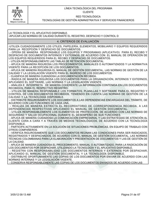 LÍNEA TECNOLÓGICA DEL PROGRAMA
                                                CLIENTE
                                           RED TECNOLÓGICA
   Modelo de          TECNOLOGÍAS DE GESTIÓN ADMINISTRATIVA Y SERVICIOS FINANCIEROS
 Mejora Continua




LA TECNOLOGÍA Y EL APLICATIVO DISPONIBLE.
-APLICAR LAS NORMAS DE CALIDAD DURANTE EL REGISTRO, DESPACHO Y CONTROL D

                                4. CRITERIOS DE EVALUACIÓN
-UTILIZA CUIDADOSAMENTE LOS ÚTILES, PAPELERÍA, ELEMENTOS, MOBILIARIO Y EQUIPOS REQUERIDOS
PARA LA RECEPCIÓN Y DESPACHO DE DOCUMENTOS.
 - OPERA DE MANERA RESPONSABLE LOS EQUIPOS Y PROGRAMAS (APLICATIVO) PARA EL RECIBO Y
DESPACHO DE DOCUMENTOS INTERNOS Y EXTERNOS; DE ACUERDO CON EL MANUAL DE OPERACIÓN DE
LOS EQUIPOS REQUERIDOS PARA EL RECIBO Y DESPACHO DE DOCUMENTOS.
 - UTILIZA RESPONSABLEMENTE LAS TABLAS DE RETENCIÓN DOCUMENTAL.
 - APLICA DE MANERA RIGUROSA LOS PROCEDIMIENTOS, MANUALES O AUTOMATIZADOS Y LA NORMATIVA
VIGENTE PARA LA RECEPCIÓN DE LOS DOCUMENTOS.
 - APLICA DE MANERA RIGUROSA EL MANUAL DE GESTIÓN DOCUMENTAL, LAS NORMAS DE GESTIÓN DE LA
CALIDAD Y LA LEGISLACIÓN VIGENTE PARA EL INGRESO DE LOS DOCUMENTOS.
 - CLASIFICA DE MANERA CUIDADOSA LA DOCUMENTACIÓN RECIBIDA.
 - RADICA DE MANERA RIGUROSA LOS DOCUMENTOS PARA LA ORGANIZACIÓN, INTERNOS Y EXTERNOS,
APLICANDO EL SOFTWARE, LAS NORMAS Y LA LEGISLACIÓN VIGENTE.
 - ANALIZA E INTERPRETA DE MANERA COHERENTE LA INFORMACIÓN CONTENIDA EN LOS DOCUMENTOS
RECIBIDOS, PARA EL RESPECTIVO REGISTRO.
 - UTILIZA DE MANERA RESPONSABLE LOS FORMATOS, PLANILLAS Y SOFTWARE PARA EL REGISTRO Y
CONTROL DE LOS DOCUMENTOS RECIBIDOS, TENIENDO EN CUENTA LAS NORMAS DE GESTIÓN DE LA
CALIDAD Y LA TECNOLOGÍA DISPONIBLE.
 - DISTRIBUYE RIGUROSAMENTE LOS DOCUMENTOS A LAS DEPENDENCIAS ENCARGADAS DEL TRÁMITE, DE
ACUERDO CON LAS FUNCIONES DE CADA UNA.
  - REALIZA DE MANERA ESTRICTA EL RECORDATORIO DE CORRESPONDENCIA RECIBIDA, A LAS
DEPENDENCIAS RESPECTIVAS APLICANDO EL MANUAL DE GESTIÓN DOCUMENTAL.
 - UTILIZA RESPONSABLEMENTE LOS ELEMENTOS DE PROTECCIÓN, DE ACUERDO CON LAS NORMAS DE
SEGURIDAD Y SALUD OCUPACIONAL DURANTE EL DESEMPEÑO DE SUS FUNCIONES.
 - APLICA DE MANERA CUIDADOSA LA COMUNICACIÓN EMPRESARIAL Y LAS ESTRATEGIAS DE ATENCIÓN AL
CLIENTE CARA A CARA Y A TRAVÉS DE MEDIOS TECNOLÓGICOS, DE ACUERDO CON LA TECNOLOGÍA
DISPONIBLE.
 - PARTICIPA ACTIVAMENTE EN LA SOLUCIÓN DE SITUACIONES PROBLÉMICAS, EN EQUIPO DE TRABAJO CON
OTROS COMPAÑEROS.
 - VERIFICA RIGUROSAMENTE QUE LOS DOCUMENTOS REÚNAN LAS CONDICIONES PARA SER RADICADOS,
REGISTRADOS Y DESPACHADOS, DE ACUERDO CON EL MANUAL DE GESTIÓN DOCUMENTAL, LAS NORMAS
TÉCNICAS COLOMBIANAS PARA LA ELABORACIÓN Y PRESENTACIÓN DE DOCUMENTOS Y LAS DE GESTIÓN DE
LA CALIDAD.
 - APLICA DE MANERA CUIDADOSA EL PROCEDIMIENTO, MANUAL O AUTOMATIZADO, PARA LA RADICACIÓN DE
LOS DOCUMENTOS POR DESPACHAR, UTILIZANDO LA TECNOLOGÍA Y EL APLICATIVO DISPONIBLE.
  - REGISTRA CON RESPONSABILIDAD LOS DOCUMENTOS INTERNOS Y EXTERNOS POR DESPACHAR,
APLICANDO EL MANUAL DE GESTIÓN DOCUMENTAL Y LA TECNOLOGÍA DISPONIBLE.
 - DISTRIBUYE OPORTUNAMENTE LAS COPIAS DE LOS DOCUMENTOS POR ENVIAR DE ACUERDO CON LAS
NORMAS INTERNAS Y LA LEGISLACIÓN VIGENTE.
 - CONSERVA RESPONSABLEMENTE LAS COPIAS DE LOS DOCUMENTOS ENVIADOS DE ACUERDO CON LAS




 3/05/12 09:13 AM                                                          Página 31 de 67
 