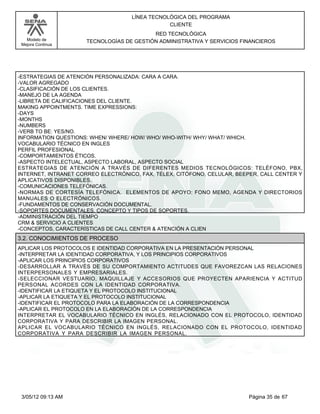 LÍNEA TECNOLÓGICA DEL PROGRAMA
                                                CLIENTE
                                          RED TECNOLÓGICA
   Modelo de         TECNOLOGÍAS DE GESTIÓN ADMINISTRATIVA Y SERVICIOS FINANCIEROS
 Mejora Continua




-ESTRATEGIAS DE ATENCIÓN PERSONALIZADA: CARA A CARA.
-VALOR AGREGADO
-CLASIFICACIÓN DE LOS CLIENTES.
-MANEJO DE LA AGENDA
-LIBRETA DE CALIFICACIONES DEL CLIENTE.
MAKING APPOINTMENTS. TIME EXPRESSIONS:
-DAYS
-MONTHS
-NUMBERS
-VERB TO BE: YES/NO.
INFORMATION QUESTIONS: WHEN/ WHERE/ HOW/ WHO/ WHO-WITH/ WHY/ WHAT/ WHICH.
VOCABULARIO TÉCNICO EN INGLES
PERFIL PROFESIONAL
-COMPORTAMIENTOS ÉTICOS.
-ASPECTO INTELECTUAL, ASPECTO LABORAL, ASPECTO SOCIAL
ESTRATEGIAS DE ATENCIÓN A TRAVÉS DE DIFERENTES MEDIOS TECNOLÓGICOS: TELÉFONO, PBX,
INTERNET, INTRANET CORREO ELECTRÓNICO, FAX, TÉLEX, CITÓFONO, CELULAR, BEEPER, CALL CENTER Y
APLICATIVOS DISPONIBLES.
-COMUNICACIONES TELEFÓNICAS.
-NORMAS DE CORTESÍA TELEFÓNICA. ELEMENTOS DE APOYO: FONO MEMO, AGENDA Y DIRECTORIOS
MANUALES O ELECTRÓNICOS.
-FUNDAMENTOS DE CONSERVACIÓN DOCUMENTAL.
-SOPORTES DOCUMENTALES. CONCEPTO Y TIPOS DE SOPORTES.
-ADMINISTRACIÓN DEL TIEMPO
CRM & SERVICIO A CLIENTES
-CONCEPTOS, CARACTERÍSTICAS DE CALL CENTER & ATENCIÓN A CLIEN
3.2. CONOCIMIENTOS DE PROCESO
APLICAR LOS PROTOCOLOS E IDENTIDAD CORPORATIVA EN LA PRESENTACIÓN PERSONAL
-INTERPRETAR LA IDENTIDAD CORPORATIVA, Y LOS PRINCIPIOS CORPORATIVOS
-APLICAR LOS PRINCIPIOS CORPORATIVOS
-DESARROLLAR A TRAVÉS DE SU COMPORTAMIENTO ACTITUDES QUE FAVOREZCAN LAS RELACIONES
INTERPERSONALES Y EMPRESARIALES.
-SELECCIONAR VESTUARIO, MAQUILLAJE Y ACCESORIOS QUE PROYECTEN APARIENCIA Y ACTITUD
PERSONAL ACORDES CON LA IDENTIDAD CORPORATIVA.
-IDENTIFICAR LA ETIQUETA Y EL PROTOCOLO INSTITUCIONAL
-APLICAR LA ETIQUETA Y EL PROTOCOLO INSTITUCIONAL
-IDENTIFICAR EL PROTOCOLO PARA LA ELABORACIÓN DE LA CORRESPONDENCIA
-APLICAR EL PROTOCOLO EN LA ELABORACIÓN DE LA CORRESPONDENCIA
INTERPRETAR EL VOCABULARIO TÉCNICO EN INGLÉS, RELACIONADO CON EL PROTOCOLO, IDENTIDAD
CORPORATIVA Y PARA DESCRIBIR LA IMAGEN PERSONAL.
APLICAR EL VOCABULARIO TÉCNICO EN INGLÉS, RELACIONADO CON EL PROTOCOLO, IDENTIDAD
CORPORATIVA Y PARA DESCRIBIR LA IMAGEN PERSONAL.




 3/05/12 09:13 AM                                                        Página 35 de 67
 