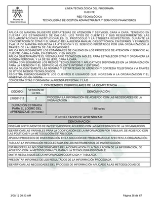 LÍNEA TECNOLÓGICA DEL PROGRAMA
                                                       CLIENTE
                                                 RED TECNOLÓGICA
   Modelo de                TECNOLOGÍAS DE GESTIÓN ADMINISTRATIVA Y SERVICIOS FINANCIEROS
 Mejora Continua




APLICA DE MANERA DILIGENTE ESTRATEGIAS DE ATENCIÓN Y SERVICIO, CARA A CARA, TENIENDO EN
CUENTA LOS ESTÁNDARES DE CALIDAD, LOS TIPOS DE CLIENTES Y SUS REQUERIMIENTOS; LAS
REGLAMENTACIONES INSTITUCIONALES, EL PROTOCOLO Y LA ETIQUETA RESPECTIVOS, DURANTE LA
CONCERTACIÓN DE CITAS Y EL MANEJO DE LA AGENDA MANUAL O ELECTRÓNICA, EN ESPAÑOL Y EN INGLÉS.
EVALÚA DE MANERA RIGUROSA LA ATENCIÓN Y EL SERVICIO PRESTADOS POR UNA ORGANIZACIÓN, A
TRAVÉS DE LA LIBRETA DE CALIFICACIONES.
APLICA RIGUROSAMENTE LOS ESTÁNDARES DE CALIDAD EN LOS PROCESOS DE ATENCIÓN Y SERVICIO AL
CLIENTE, CARA A CARA, EN ESPAÑOL Y EN INGLÉS.
APLICA OBJETIVAMENTE EL VOCABULARIO TÉCNICO EN INGLÉS, PARA ESTABLECER CITAS Y ORGANIZAR LA
AGENDA PERSONAL Y LA DE SU JEFE, CARA A CARA.
OPERA CON SEGURIDAD LOS MEDIOS TECNOLÓGICOS Y APLICATIVOS DISPONIBLES EN LA ORGANIZACIÓN
PARA LA ATENCIÓN Y EL SERVICIO AL CLIENTE INTERNO Y EXTERNO.
APLICA DILIGENTEMENTE LAS NORMAS Y ESTRATEGIAS DE ATENCIÓN Y CORTESÍA TELEFÓNICA Y A TRAVÉS
DE OTROS MEDIOS TECNOLÓGICOS.
REGISTRA CUIDADOSAMENTE LOS CLIENTES O USUARIOS QUE INGRESAN A LA ORGANIZACIÓN Y EL
OBJETIVO DE SU VISITA.
CONCIERTA CITAS Y ORGANIZA LA AGENDA PERSONAL Y LA D
                           1. CONTENIDOS CURRICULARES DE LA COMPETENCIA
                   VERSIÓN DE
 CÓDIGO:             LA NCL
                                                         DENOMINACIÓN

 210601011             2        PROCESAR LA INFORMACIÓN DE ACUERDO CON LAS NECESIDADES DE LA
                                ORGANIZACIÓN
  DURACIÓN ESTIMADA
  PARA EL LOGRO DEL                                         110 horas
 APRENDIZAJE (en horas)
                                     2. RESULTADOS DE APRENDIZAJE
                                             DENOMINACIÓN
DISEÑAR INSTRUMENTOS DE INVESTIGACIÓN DE ACUERDO CON LAS NECESIDADES DE LA ORGANIZACIÓN.
IDENTIFICAR LAS VARIABLES PARA LA CODIFICACIÓN DE LA INFORMACIÓN POR TABULAR, DE ACUERDO CON
LAS POLÍTICAS Y LA METODOLOGÍA ESTABLECIDA.
APLICAR PROCESOS DE INVESTIGACIÓN EN LA SOLUCIÓN DE PROBLEMAS QUE AFECTEN LA ORGANIZACIÓN.
TABULAR LA INFORMACIÓN RECOLECTADA EN LOS INSTRUMENTOS DE INVESTIGACIÓN.
ESTABLECER LAS NO CONFORMIDADES DE LA COMPILACIÓN Y LA TABULACIÓN DE LA INFORMACIÓN, DE
ACUERDO CON LA METODOLOGÍA UTILIZADA Y LA TECNOLOGÍA DISPONIBLE.
EMITIR RESULTADOS DE LA INFORMACIÓN CODIFICADA Y TABULADA.
PRESENTAR INFORMES DE LOS RESULTADOS DE LA INFORMACIÓN PROCESADA.
IDENTIFICAR LAS NECESIDADES DEL PROCESO DE INFORMACIÓN APLICADO A LAS METODOLOGÍAS DE




 3/05/12 09:13 AM                                                               Página 38 de 67
 
