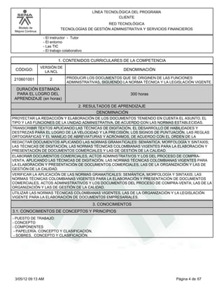 LÍNEA TECNOLÓGICA DEL PROGRAMA
                                                            CLIENTE
                                                    RED TECNOLÓGICA
   Modelo de                   TECNOLOGÍAS DE GESTIÓN ADMINISTRATIVA Y SERVICIOS FINANCIEROS
 Mejora Continua

                    - El instructor - Tutor
                    - El entorno
                    - Las TIC
                    - El trabajo colaborativo

                             1. CONTENIDOS CURRICULARES DE LA COMPETENCIA
                   VERSIÓN DE
 CÓDIGO:             LA NCL
                                                              DENOMINACIÓN

 210601001              2          PRODUCIR LOS DOCUMENTOS QUE SE ORIGINEN DE LAS FUNCIONES
                                   ADMINISTRATIVAS, SIGUIENDO LA NORMA TÉCNICA Y LA LEGISLACIÓN VIGENTE.
  DURACIÓN ESTIMADA
  PARA EL LOGRO DEL                                              300 horas
 APRENDIZAJE (en horas)
                                          2. RESULTADOS DE APRENDIZAJE
                                                 DENOMINACIÓN
PROYECTAR LA REDACCIÓN Y ELABORACIÓN DE LOS DOCUMENTOS TENIENDO EN CUENTA EL ASUNTO, EL
TIPO Y LAS FUNCIONES DE LA UNIDAD ADMINISTRATIVA, DE ACUERDO CON LAS NORMAS ESTABLECIDAS.
TRANSCRIBIR TEXTOS APLICANDO LAS TÉCNICAS DE DIGITACIÓN, EL DESARROLLO DE HABILIDADES Y
DESTREZAS PARA EL LOGRO DE LA VELOCIDAD Y LA PRECISIÓN; LOS SIGNOS DE PUNTUACIÓN, LAS REGLAS
ORTOGRÁFICAS Y EL MANEJO DE ABREVIATURAS Y ACRÓNIMOS, DE ACUERDO CON EL ORDEN DE LA
REDACTAR DOCUMENTOS APLICANDO LAS NORMAS GRAMATICALES: SEMÁNTICA, MORFOLOGÍA Y SINTAXIS;
LAS TÉCNICAS DE DIGITACIÓN, LAS NORMAS TÉCNICAS COLOMBIANAS VIGENTES PARA LA ELABORACIÓN Y
PRESENTACIÓN DE DOCUMENTOS COMERCIALES Y LAS DE GESTIÓN DE LA CALIDAD.
ELABORAR DOCUMENTOS COMERCIALES, ACTOS ADMINISTRATIVOS Y LOS DEL PROCESO DE COMPRA-
VENTA, APLICANDO LAS TÉCNICAS DE DIGITACIÓN, LAS NORMAS TÉCNICAS COLOMBIANAS VIGENTES PARA
LA ELABORACIÓN Y PRESENTACIÓN DE DOCUMENTOS COMERCIALES, LAS DE LA ORGANIZACIÓN Y LAS DE
GESTIÓN DE LA CALIDAD.
VERIFICAR LA APLICACIÓN DE LAS NORMAS GRAMATICALES: SEMÁNTICA, MORFOLOGÍA Y SINTAXIS; LAS
NORMAS TÉCNICAS COLOMBIANAS VIGENTES PARA LA ELABORACIÓN Y PRESENTACIÓN DE DOCUMENTOS
COMERCIALES, ACTOS ADMINISTRATIVOS Y LOS DOCUMENTOS DEL PROCESO DE COMPRA-VENTA; LAS DE LA
ORGANIZACIÓN Y LAS DE GESTIÓN DE LA CALIDAD.
UTILIZAR LAS NORMAS TÉCNICAS COLOMBIANAS VIGENTES, LAS DE LA ORGANIZACIÓN Y LA LEGISLACIÓN
VIGENTE PARA LA ELABORACIÓN DE DOCUMENTOS EMPRESARIALES.
                                                3. CONOCIMIENTOS
3.1. CONOCIMIENTOS DE CONCEPTOS Y PRINCIPIOS
- PUESTO DE TRABAJO:
- CONCEPTO
- COMPONENTES
 - PAPELERÍA. CONCEPTO Y CLASIFICACIÓN.
 - SOBRES. CONCEPTO Y CLASIFICACIÓN.




 3/05/12 09:13 AM                                                                      Página 4 de 67
 