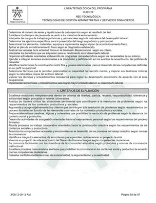 LÍNEA TECNOLÓGICA DEL PROGRAMA
                                                             CLIENTE
                                                  RED TECNOLÓGICA
   Modelo de                 TECNOLOGÍAS DE GESTIÓN ADMINISTRATIVA Y SERVICIOS FINANCIEROS
 Mejora Continua




Determinar el número de series y repeticiones de cada ejercicio según el resultado del test.
Establecer los tiempos de pausas de acuerdo a los métodos de entrenamiento.
Interpretar las cargas de trabajo ergonómicas y psicosociales según la naturaleza del desempeño laboral
Determinar los ejercicios específicos para la prevención del riesgo ergonómico y psicosocial.
Seleccionar los elementos, materiales, equipos e implementos según el plan de acondicionamiento físico.
Aplicar el plan de acondicionamiento físico según el diagnóstico establecido.
Analizar las ventajas de la actividad física en la dimensión Biopsicosocial según su criterio.
Interpretar los beneficios que se adquieren para su rendimiento en el desempeño laboral.
Organizar actividades orientadas al desarrollo de programas recreodeportivos según las necesidades de su entorno.
Ejecutar e integrar acciones encaminadas a la promoción y participación en los eventos de acuerdo con las políticas de
bienestar.
Identificar las técnicas de coordinación motriz fina y gruesa relacionadas para el desarrollo de las competencias definidas
en su perfil ocupacional.
Seleccionar técnicas que le permitan potencializar su capacidad de reacción mental, y mejorar sus destrezas motoras
según la naturaleza propia del entorno laboral.
Valorar las técnicas y procedimientos necesarios para lograr su desempeño psicomotriz de acuerdo con el área
ocupacional.
Implementar las técnicas y procedimientos para lograr mayor productividad en su desempeño laboral.


                                          4. CRITERIOS DE EVALUACIÓN
Establece relaciones interpersonales dentro de criterios de libertad, justicia, respeto, responsabilidad, tolerancia y
solidaridad según principios y valores universales.
Analiza de manera crítica las situaciones pertinentes que contribuyen a la resolución de problemas según los
requerimientos de los contextos productivos y sociales.
Argumenta y acoge objetivamente los criterios que contribuyen a la resolución de problemas según requerimientos del
proceso formativo en función de las demandas concretas de los contextos productivos y sociales.
Propone alternativas creativas, lógicas y coherentes que posibiliten la resolución de problemas según la demanda del
contexto social y productivo.
Desarrolla actividades de autogestión orientadas hacia el mejoramiento personal según los requerimientos del proceso
formativo.
Aborda procesos de trabajo colaborativo orientados hacia la construcción colectiva según los requerimientos de los
contextos sociales y productivos.
Armoniza los componentes racionales y emocionales en el desarrollo de los procesos de trabajo colectivo según normas
de convivencia.
Identifica e integra los elementos de su contexto que le permiten redimensionar su proyecto de vida.
Vivencia su proyecto de vida en el marco del Desarrollo Humano Integral según competencias ciudadanas.
Se comunica fácilmente con los miembros de la comunidad educativa según protocolos y normas de convivencia
institucional.
Establece procesos comunicativos asertivos que posibilitan la convivencia en los contextos social y productivo de acuerdo
con las competencias ciudadanas.
Resuelve conflictos mediante el uso de la racionalidad, la argumentación y la asertividad.




 3/05/12 09:13 AM                                                                                  Página 59 de 67
 