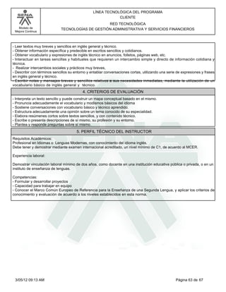 LÍNEA TECNOLÓGICA DEL PROGRAMA
                                                             CLIENTE
                                                  RED TECNOLÓGICA
   Modelo de                 TECNOLOGÍAS DE GESTIÓN ADMINISTRATIVA Y SERVICIOS FINANCIEROS
 Mejora Continua




-Leer textos muy breves y sencillos en inglés general y técnico.
-Obtener información específica y predecible en escritos sencillos y cotidianos.
-Obtener vocabulario y expresiones de inglés técnico en anuncios, folletos, páginas web, etc.
-Interactuar en tareas sencillas y habituales que requieren un intercambio simple y directo de información cotidiana y
técnica.
- Realizar intercambios sociales y prácticos muy breves,
-Describir con términos sencillos su entorno y entablar conversaciones cortas, utilizando una serie de expresiones y frases
en inglés general y técnico.
-Escribir notas y mensajes breves y sencillos relativos a sus necesidades inmediatas, mediante la utilización de un
vocabulario básico de inglés general y técnico.
                                          4. CRITERIOS DE EVALUACIÓN
-Interpreta un texto sencillo y puede construir un mapa conceptual basado en el mismo.
-Pronuncia adecuadamente el vocabulario y modismos básicos del idioma
-Sostiene conversaciones con vocabulario básico y técnico aprendido.
-Estructura adecuadamente una opinión sobre un tema conocido de su especialidad.
-Elabora resúmenes cortos sobre textos sencillos, y con contenido técnico.
-Escribe o presenta descripciones de sí mismo, su profesión y su entorno.
-Plantea y responde preguntas sobre sí mismo.
                                       5. PERFIL TÉCNICO DEL INSTRUCTOR
Requisitos Académicos:
Profesional en Idiomas o Lenguas Modernas, con conocimiento del idioma inglés.
Debe tener y demostrar mediante examen internacional acreditado, un nivel mínimo de C1, de acuerdo al MCER.

Experiencia laboral:

Demostrar vinculación laboral mínimo de dos años, como docente en una institución educativa pública o privada, o en un
instituto de enseñanza de lenguas.

Competencias:
-Formular y desarrollar proyectos
-Capacidad para trabajar en equipo
-Conocer el Marco Común Europeo de Referencia para la Enseñanza de una Segunda Lengua, y aplicar los criterios de
conocimiento y evaluación de acuerdo a los niveles establecidos en esta norma.




 3/05/12 09:13 AM                                                                                  Página 63 de 67
 