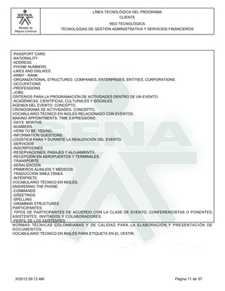 LÍNEA TECNOLÓGICA DEL PROGRAMA
                                              CLIENTE
                                         RED TECNOLÓGICA
   Modelo de        TECNOLOGÍAS DE GESTIÓN ADMINISTRATIVA Y SERVICIOS FINANCIEROS
 Mejora Continua




-PASSPORT CARD
-NATIONALITY
-ADDRESS
-PHONE NUMBERS
-LIKES AND DISLIKES
-ARMY - RANK
-ORGANIZATIONAL STRUCTURES: COMPANIES, ENTERPRISES, ENTITIES, CORPORATIONS
-OCCUPATIONS
-PROFESSIONS
-JOBS
CRITERIOS PARA LA PROGRAMACIÓN DE ACTIVIDADES DENTRO DE UN EVENTO:
-ACADÉMICAS, CIENTÍFICAS, CULTURALES Y SOCIALES
AGENDA DEL EVENTO. CONCEPTO.
CRONOGRAMA DE ACTIVIDADES. CONCEPTO.
VOCABULARIO TÉCNICO EN INGLÉS RELACIONADO CON EVENTOS.
MAKING APPOINTMENTS. TIME EXPRESSIONS:
-DAYS, MONTHS
-NUMBERS
-VERB TO BE: YES/NO.
-INFORMATION QUESTIONS.
LOGÍSTICA PARA Y DURANTE LA REALIZACIÓN DEL EVENTO:
-SERVICIOS
-INSCRIPCIONES
-RESERVACIONES: PASAJES Y ALOJAMIENTO.
-RECEPCIÓN EN AEROPUERTOS Y TERMINALES.
-TRANSPORTE
-SEÑALIZACIÓN
-PRIMEROS AUXILIOS Y MÉDICOS
-TRADUCCIÓN SIMULTÁNEA
-INTÉRPRETE.
VOCABULARIO TÉCNICO EN INGLÉS.
ANSWERING THE PHONE:
-COMMANDS
-GREETINGS
-SPELLING
-GRAMMAR STRUCTURES
PARTICIPANTES:
-TIPOS DE PARTICIPANTES DE ACUERDO CON LA CLASE DE EVENTO: CONFERENCISTAS O PONENTES,
ASISTENTES, INVITADOS Y COLABORADORES.
-PERFIL DE LOS ASISTENTES.
NORMAS TÉCNICAS COLOMBIANAS Y DE CALIDAD PARA LA ELABORACIÓN Y PRESENTACIÓN DE
DOCUMENTOS.
VOCABULARIO TÉCNICO EN INGLÉS PARA ETIQUETA EN EL VESTIR.




 3/05/12 09:13 AM                                                       Página 11 de 67
 