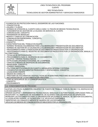 LÍNEA TECNOLÓGICA DEL PROGRAMA
                                                 CLIENTE
                                           RED TECNOLÓGICA
   Modelo de          TECNOLOGÍAS DE GESTIÓN ADMINISTRATIVA Y SERVICIOS FINANCIEROS
 Mejora Continua




- ELEMENTOS DE PROTECCIÓN PARA EL DESEMPEÑO DE LAS FUNCIONES.
 - CONCEPTOS DE:
- USUARIO Y CLIENTE
 - NORMAS DE ATENCIÓN AL CLIENTE CARA A CARA Y A TRAVÉS DE MEDIOS TECNOLÓGICOS,
 - FUNDAMENTOS DE GESTIÓN DE LA CALIDAD, EN SERVICIO AL CLIENTE.
 - COMUNICACIÓN. CONCEPTO
- TRANSMISIÓN DE MENSAJES
- MEDIOS Y CANALES DE COMUNICACIÓN.
 - COMUNICACIÓN EMPRESARIAL. CONCEPTO.
 - TRABAJO EN EQUIPO:
- CONCEPTO
- CARACTERÍSTICAS DEL TRABAJO EN EQUIPO
 - NORMAS TÉCNICAS COLOMBIANAS PARA LA ELABORACIÓN Y PRESENTACIÓN DE DOCUMENTOS.
 - NORMAS DE GESTIÓN DE LA CALIDAD EN LA ELABORACIÓN Y PRESENTACIÓN DE DOCUMENTOS.
 - PROCEDIMIENTO PARA LA RADICACIÓN DE DOCUMENTOS PRODUCIDOS POR LA ORGANIZACIÓN.
 - PROCEDIMIENTO PARA EL REGISTRO DE DOCUMENTOS PRODUCIDOS POR LA ORGANIZACIÓN, MANUAL O
AUTOMATIZADO.
 - TÉCNICAS DE REPRODUCCIÓN.
 - PROCEDIMIENTO PARA EL DESPACHO DE DOCUMENTOS.
 - EQUIPOS Y MEDIOS TECNOLÓGICOS.
 - ESTRUCTURA ORGÁNICO FUNCIONAL DE LA EMPRESA.
 - CANALES O MEDIOS DE DESPACHO DE DOCUMENTOS.
 - MENSAJERÍA. CONCEPTO.
 - CORREO TRADICIONAL.
 - POLÍTICAS INSTITUCIONALES EN CUANTO A MENSAJERÍA INTERNA Y EXTERNA.
 - CONSECUTIVO DE DOCUMENTOS PRODUCIDOS Y DESPACHADOS. CONCEPTO.
 - LEGISLACIÓN VIGENTE
 - MEDIOS DE CONSULTA
 - PRÉSTAMO DE DOCUMENTOS (TESTIGO, FICHA DE AFUERA PARA PRÉSTAMO DE DOCUMENTOS).
 - RECUPERACIÓN DE LA DOCUMENTACIÓN PRESTADA.
 - FASE DE DESCARGUE DE LA CORRESPONDENCIA.
- CONCEPTO
- PROCEDIMIENTO
3.2. CONOCIMIENTOS DE PROCESO
ALISTAR LOS ÚTILES, ELEMENTOS, EQUIPOS Y EL PUESTO DE TRABAJO PARA EL RECIBO Y EL DESPACHO DE
LOS DOCUMENTOS.
OPERAR EQUIPOS Y HERRAMIENTAS TECNOLÓGICAS, MANUALES O AUTOMATIZADAS, EMPLEADAS PARA LA
RECEPCIÓN Y EL DESPACHO DE DOCUMENTOS, DE ACUERDO CON LOS MANUALES DE OPERACIÓN.
INGRESAR LOS DOCUMENTOS PARA LA ORGANIZACIÓN APLICANDO EL MANUAL DE GESTIÓN DOCUMENTAL,
LA LEGISLACIÓN VIGENTE, LA TECNOLOGÍA Y EL APLICATIVO DISPONIBLE.
-IDENTIFICAR LOS CANALES O MEDIOS DE INGRESO DE LOS DOCUMENTOS.
-APLICAR LOS MEDIOS DE COMUNICACIÓN ESTABLECIDOS POR LA ORGANIZACIÓN.




 3/05/12 09:13 AM                                                          Página 29 de 67
 