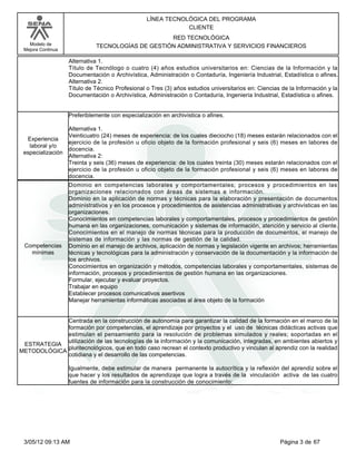 LÍNEA TECNOLÓGICA DEL PROGRAMA
                                                             CLIENTE
                                                  RED TECNOLÓGICA
   Modelo de                 TECNOLOGÍAS DE GESTIÓN ADMINISTRATIVA Y SERVICIOS FINANCIEROS
 Mejora Continua

                   Alternativa 1.
                   Título de Tecnólogo o cuatro (4) años estudios universitarios en: Ciencias de la Información y la
                   Documentación o Archivística, Administración o Contaduría, Ingeniería Industrial, Estadística o afines.
                   Alternativa 2.
                   Título de Técnico Profesional o Tres (3) años estudios universitarios en: Ciencias de la Información y la
                   Documentación o Archivística, Administración o Contaduría, Ingeniería Industrial, Estadística o afines.


                   Preferiblemente con especialización en archivística o afines.

                   Alternativa 1.
                   Veinticuatro (24) meses de experiencia: de los cuales dieciocho (18) meses estarán relacionados con el
  Experiencia
                   ejercicio de la profesión u oficio objeto de la formación profesional y seis (6) meses en labores de
   laboral y/o
                   docencia.
 especialización
                   Alternativa 2:
                   Treinta y seis (36) meses de experiencia: de los cuales treinta (30) meses estarán relacionados con el
                   ejercicio de la profesión u oficio objeto de la formación profesional y seis (6) meses en labores de
                   docencia.
                   Dominio en competencias laborales y comportamentales; procesos y procedimientos en las
                   organizaciones relacionados con áreas de sistemas e información.
                   Dominio en la aplicación de normas y técnicas para la elaboración y presentación de documentos
                   administrativos y en los procesos y procedimientos de asistencias administrativas y archivísticas en las
                   organizaciones.
                   Conocimientos en competencias laborales y comportamentales, procesos y procedimientos de gestión
                   humana en las organizaciones, comunicación y sistemas de información, atención y servicio al cliente.
                   Conocimientos en el manejo de normas técnicas para la producción de documentos, el manejo de
                   sistemas de información y las normas de gestión de la calidad.
 Competencias      Dominio en el manejo de archivos, aplicación de normas y legislación vigente en archivos; herramientas
   mínimas         técnicas y tecnológicas para la administración y conservación de la documentación y la información de
                   los archivos.
                   Conocimientos en organización y métodos, competencias laborales y comportamentales, sistemas de
                   información, procesos y procedimientos de gestión humana en las organizaciones.
                   Formular, ejecutar y evaluar proyectos.
                   Trabajar en equipo
                   Establecer procesos comunicativos asertivos
                   Manejar herramientas informáticas asociadas al área objeto de la formación


             Centrada en la construcción de autonomía para garantizar la calidad de la formación en el marco de la
             formación por competencias, el aprendizaje por proyectos y el uso de técnicas didácticas activas que
             estimulan el pensamiento para la resolución de problemas simulados y reales; soportadas en el
             utilización de las tecnologías de la información y la comunicación, integradas, en ambientes abiertos y
 ESTRATEGIA
             pluritecnológicos, que en todo caso recrean el contexto productivo y vinculan al aprendiz con la realidad
METODOLÓGICA
             cotidiana y el desarrollo de las competencias.

                   Igualmente, debe estimular de manera permanente la autocrítica y la reflexión del aprendiz sobre el
                   que hacer y los resultados de aprendizaje que logra a través de la vinculación activa de las cuatro
                   fuentes de información para la construcción de conocimiento:




 3/05/12 09:13 AM                                                                                    Página 3 de 67
 