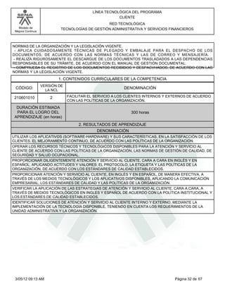 LÍNEA TECNOLÓGICA DEL PROGRAMA
                                                       CLIENTE
                                                 RED TECNOLÓGICA
   Modelo de                TECNOLOGÍAS DE GESTIÓN ADMINISTRATIVA Y SERVICIOS FINANCIEROS
 Mejora Continua




NORMAS DE LA ORGANIZACIÓN Y LA LEGISLACIÓN VIGENTE.
 - APLICA CUIDADOSAMENTE TÉCNICAS DE PLEGADO Y EMBALAJE PARA EL DESPACHO DE LOS
DOCUMENTOS, DE ACUERDO CON LAS NORMAS TÉCNICAS Y LAS DE CORREO Y MENSAJERÍA.
- REALIZA RIGUROSAMENTE EL DESCARGUE DE LOS DOCUMENTOS TRASLADADOS A LAS DEPENDENCIAS
RESPONSABLES DE SU TRÁMITE, DE ACUERDO CON EL MANUAL DE GESTIÓN DOCUMENTAL.
- COMPRUEBA EL REGISTRO DE LOS DOCUMENTOS RECIBIDOS Y DESPACVHADOS, DE ACUERDO CON LAS
NORMAS Y LA LEGISLACIÓN VIGENTE.
                           1. CONTENIDOS CURRICULARES DE LA COMPETENCIA
                   VERSIÓN DE
 CÓDIGO:             LA NCL
                                                          DENOMINACIÓN

 210601010             2        FACILITAR EL SERVICIO A LOS CLIENTES INTERNOS Y EXTERNOS DE ACUERDO
                                CON LAS POLÍTICAS DE LA ORGANIZACIÓN.
  DURACIÓN ESTIMADA
  PARA EL LOGRO DEL                                          300 horas
 APRENDIZAJE (en horas)
                                     2. RESULTADOS DE APRENDIZAJE
                                             DENOMINACIÓN
UTILIZAR LOS APLICATIVOS (SOFTWARE-HARDWARE) Y SUS CARACTERÍSTICAS, EN LA SATISFACCIÓN DE LOS
CLIENTES, EL MEJORAMIENTO CONTINUO, DE ACUERDO CON LAS POLÍTICAS DE LA ORGANIZACIÓN.
OPERAR LOS RECURSOS TÉCNICOS Y TECNOLÓGICOS DISPONIBLES PARA LA ATENCIÓN Y SERVICIO AL
CLIENTE DE ACUERDO CON LAS POLÍTICAS DE LA ORGANIZACIÓN, LAS NORMAS DE GESTIÓN DE CALIDAD, DE
SEGURIDAD Y SALUD OCUPACIONAL.
PROPORCIONAR DILIGENTEMENTE ATENCIÓN Y SERVICIO AL CLIENTE, CARA A CARA EN INGLÉS Y EN
ESPAÑOL, APLICANDO ACTITUDES Y VALORES; EL PROTOCOLO, LA ETIQUETA Y LAS POLÍTICAS DE LA
ORGANIZACIÓN, DE ACUERDO CON LOS ESTÁNDARES DE CALIDAD ESTABLECIDOS.
PROPORCIONAR ATENCIÓN Y SERVICIO AL CLIENTE, EN INGLÉS Y EN ESPAÑOL, DE MANERA EFECTIVA, A
TRAVÉS DE LOS MEDIOS TECNOLÓGICOS Y LOS APLICATIVOS DISPONIBLES, APLICANDO LA COMUNICACIÓN
EMPRESARIAL, LOS ESTÁNDARES DE CALIDAD Y LAS POLÍTICAS DE LA ORGANIZACIÓN.
VERIFICAR LA APLICACIÓN DE LAS ESTRATEGIAS DE ATENCIÓN Y SERVICIO AL CLIENTE, CARA A CARA, A
TRAVÉS DE MEDIOS TECNOLÓGICOS EN INGLES Y ESPAÑOL DE ACUERDO CON LA POLÍTICA INSTITUCIONAL Y
LOS ESTÁNDARES DE CALIDAD ESTABLECIDOS.
IDENTIFICAR SOLUCIONES DE ATENCIÓN Y SERVICIO AL CLIENTE INTERNO Y EXTERNO, MEDIANTE LA
IMPLEMENTACIÓN DE LA TECNOLOGÍA DISPONIBLE, TENIENDO EN CUENTA LOS REQUERIMIENTOS DE LA
UNIDAD ADMINISTRATIVA Y LA ORGANIZACIÓN.




 3/05/12 09:13 AM                                                                 Página 32 de 67
 