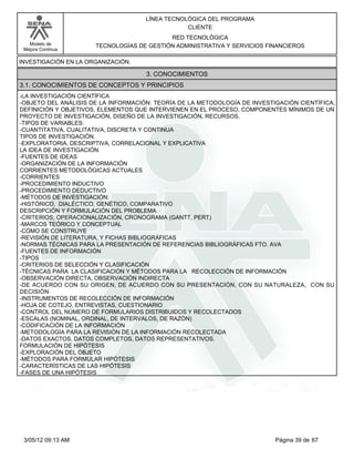 LÍNEA TECNOLÓGICA DEL PROGRAMA
                                                 CLIENTE
                                           RED TECNOLÓGICA
   Modelo de          TECNOLOGÍAS DE GESTIÓN ADMINISTRATIVA Y SERVICIOS FINANCIEROS
 Mejora Continua

INVESTIGACIÓN EN LA ORGANIZACIÓN.

                                     3. CONOCIMIENTOS
3.1. CONOCIMIENTOS DE CONCEPTOS Y PRINCIPIOS
-LA INVESTIGACIÓN CIENTÍFICA
-OBJETO DEL ANÁLISIS DE LA INFORMACIÓN: TEORÍA DE LA METODOLOGÍA DE INVESTIGACIÓN CIENTÍFICA,
DEFINICIÓN Y OBJETIVOS, ELEMENTOS QUE INTERVIENEN EN EL PROCESO, COMPONENTES MÍNIMOS DE UN
PROYECTO DE INVESTIGACIÓN, DISEÑO DE LA INVESTIGACIÓN, RECURSOS,
-TIPOS DE VARIABLES:
-CUANTITATIVA, CUALITATIVA, DISCRETA Y CONTINUA
TIPOS DE INVESTIGACIÓN.
-EXPLORATORIA, DESCRIPTIVA, CORRELACIONAL Y EXPLICATIVA
LA IDEA DE INVESTIGACIÓN
-FUENTES DE IDEAS
-ORGANIZACIÓN DE LA INFORMACIÓN
CORRIENTES METODOLÓGICAS ACTUALES
-CORRIENTES
-PROCEDIMIENTO INDUCTIVO
-PROCEDIMIENTO DEDUCTIVO
-MÉTODOS DE INVESTIGACIÓN:
-HISTÓRICO, DIALÉCTICO, GENÉTICO, COMPARATIVO
DESCRIPCIÓN Y FORMULACIÓN DEL PROBLEMA
-CRITERIOS; OPERACIONALIZACIÓN, CRONOGRAMA (GANTT, PERT)
-MARCOS TEÓRICO Y CONCEPTUAL
-CÓMO SE CONSTRUYE
-REVISIÓN DE LITERATURA, Y FICHAS BIBLIOGRÁFICAS
-NORMAS TÉCNICAS PARA LA PRESENTACIÓN DE REFERENCIAS BIBLIOGRÁFICAS FTO. AVA
-FUENTES DE INFORMACIÓN
-TIPOS
-CRITERIOS DE SELECCIÓN Y CLASIFICACIÓN
-TÉCNICAS PARA LA CLASIFICACIÓN Y MÉTODOS PARA LA RECOLECCIÓN DE INFORMACIÓN
-OBSERVACIÓN DIRECTA, OBSERVACIÓN INDIRECTA
-DE ACUERDO CON SU ORIGEN, DE ACUERDO CON SU PRESENTACIÓN, CON SU NATURALEZA, CON SU
DECISIÓN
-INSTRUMENTOS DE RECOLECCIÓN DE INFORMACIÓN
-HOJA DE COTEJO, ENTREVISTAS, CUESTIONARIO
-CONTROL DEL NÚMERO DE FORMULARIOS DISTRIBUIDOS Y RECOLECTADOS
-ESCALAS (NOMINAL, ORDINAL, DE INTERVALOS, DE RAZÓN)
-CODIFICACIÓN DE LA INFORMACIÓN
-METODOLOGÍA PARA LA REVISIÓN DE LA INFORMACIÓN RECOLECTADA
-DATOS EXACTOS, DATOS COMPLETOS, DATOS REPRESENTATIVOS.
FORMULACIÓN DE HIPÓTESIS
-EXPLORACIÓN DEL OBJETO
-MÉTODOS PARA FORMULAR HIPÓTESIS
-CARACTERÍSTICAS DE LAS HIPÓTESIS
-FASES DE UNA HIPÓTESIS




 3/05/12 09:13 AM                                                          Página 39 de 67
 