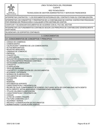 LÍNEA TECNOLÓGICA DEL PROGRAMA
                                                 CLIENTE
                                           RED TECNOLÓGICA
   Modelo de          TECNOLOGÍAS DE GESTIÓN ADMINISTRATIVA Y SERVICIOS FINANCIEROS
 Mejora Continua

INTERPRETAR CONTRATOS, Y LOS DOCUMENTOS INTEGRALES DEL CONTRATO PARA SU CONTABILIZACIÓN.
INTERPRETAR LOS CONCEPTOS Y PROPÓSITOS DE LA CONTABILIDAD DE COSTOS: COSTEO POR PROCESOS,
POR ÓRDENES DE PRODUCCIÓN O CUALQUIER OTRO SISTEMA DE COSTOS.
CODIFICAR Y DILIGENCIAR DOCUMENTOS DE ACUERDO CON EL PUC DEL SECTOR.
INTERPRETAR LOS FUNDAMENTOS CONTABLES SEGÚN LOS PRINCIPIOS DE CONTABILIDAD GENERALMENTE
ACEPTADOS.
DILIGENCIAR LOS SOPORTES CONTABLES

                                     3. CONOCIMIENTOS
3.1. CONOCIMIENTOS DE CONCEPTOS Y PRINCIPIOS
- CÓDIGO DE COMERCIO:
- COMERCIANTES
- CALIFICACIÓN Y DEBERES DE LOS COMERCIANTES.
- ACTOS MERCANTILES
- REGISTRO MERCANTIL
- CÁMARAS DE COMERCIO
- EMPRESA:
- CONCEPTO.
- CLASIFICACIÓN.
- REQUISITOS LEGALES PARA CONSTITUCIÓN Y FUNCIONAMIENTO.
- RELACIÓN EMPRESA-PROCESO CONTABLE.
- SOCIEDADES COMERCIALES:
- CONCEPTO
- CLASIFICACIÓN
- TIPOS DE EMPRESAS
- CONCEPTO Y CLASIFICACIÓN DE LOS DOCUMENTOS.
- INTERNOS Y EXTERNOS.
- NORMAS DE ELABORACIÓN.
- DOCUMENTOS NO CONTABLES:
- COTIZACIÓN
- PEDIDO
- REMISIÓN.
- DOCUMENTOS SOPORTE
- CARACTERÍSTICAS Y PROPÓSITO DE:
- RECIBO DE CAJA; COMPROBANTE DE EGRESO; FACTURAS; NOTA DE CONTABILIDAD; NOTA DEBITO
- NOTA CRÉDITO, NOTAS BANCARIAS; CONSIGNACIONES BANCARIAS.
- TÍTULOS VALORES CLASIFICACIÓN.
- CARACTERÍSTICAS Y PROPÓSITO DE:
- CHEQUE.
- LETRA DE CAMBIO. PAGARÉ.
- FACTURA CAMBIARIA. C.D.T.
- ACCIONES Y BONOS.
- ARCHIVO Y CONSERVACIÓN DE DOCUMENTOS
- NORMATIVIDAD Y LEGISLACIÓN VIGENTE




 3/05/12 09:13 AM                                                          Página 48 de 67
 
