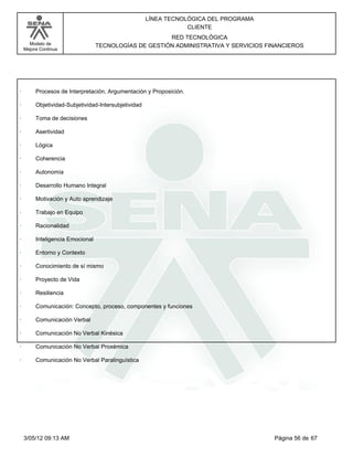 LÍNEA TECNOLÓGICA DEL PROGRAMA
                                                                  CLIENTE
                                                       RED TECNOLÓGICA
      Modelo de                   TECNOLOGÍAS DE GESTIÓN ADMINISTRATIVA Y SERVICIOS FINANCIEROS
    Mejora Continua




·        Procesos de Interpretación, Argumentación y Proposición.

·        Objetividad-Subjetividad-Intersubjetividad

·        Toma de decisiones

·        Asertividad

·        Lógica

·        Coherencia

·        Autonomía

·        Desarrollo Humano Integral

·        Motivación y Auto aprendizaje

·        Trabajo en Equipo

·        Racionalidad

·        Inteligencia Emocional

·        Entorno y Contexto

·        Conocimiento de sí mismo

·        Proyecto de Vida

·        Resiliencia

·        Comunicación: Concepto, proceso, componentes y funciones

·        Comunicación Verbal

·        Comunicación No Verbal Kinésica

·        Comunicación No Verbal Proxémica

·        Comunicación No Verbal Paralinguística




    3/05/12 09:13 AM                                                                   Página 56 de 67
 
