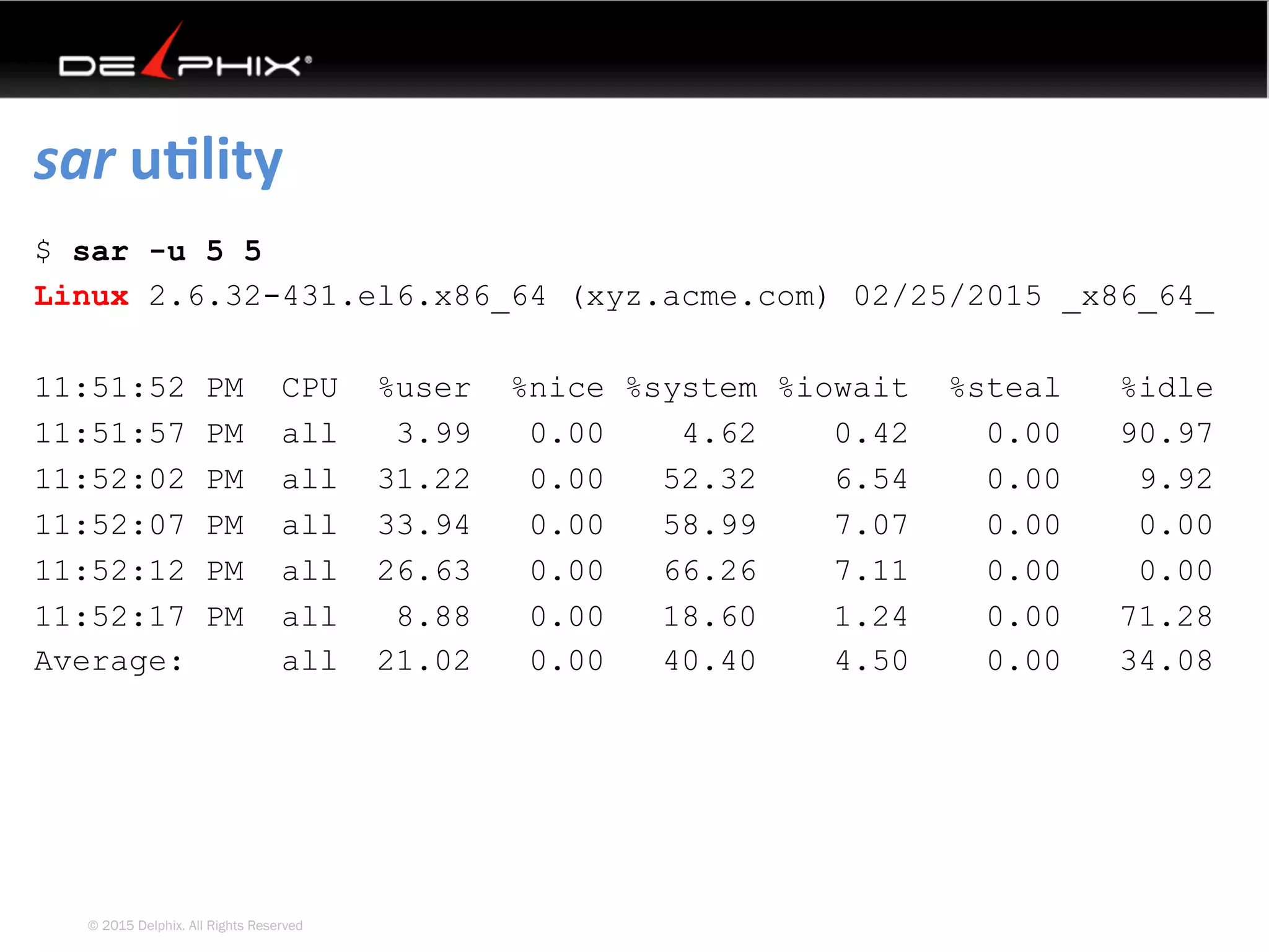 © 2015 Delphix. All Rights Reserved
sar	uElity	
$ sar -u 5 5
Linux 2.6.32-431.el6.x86_64 (xyz.acme.com) 02/25/2015 _x86_64_
11:51:52 PM CPU %user %nice %system %iowait %steal %idle
11:51:57 PM all 3.99 0.00 4.62 0.42 0.00 90.97
11:52:02 PM all 31.22 0.00 52.32 6.54 0.00 9.92
11:52:07 PM all 33.94 0.00 58.99 7.07 0.00 0.00
11:52:12 PM all 26.63 0.00 66.26 7.11 0.00 0.00
11:52:17 PM all 8.88 0.00 18.60 1.24 0.00 71.28
Average: all 21.02 0.00 40.40 4.50 0.00 34.08
 