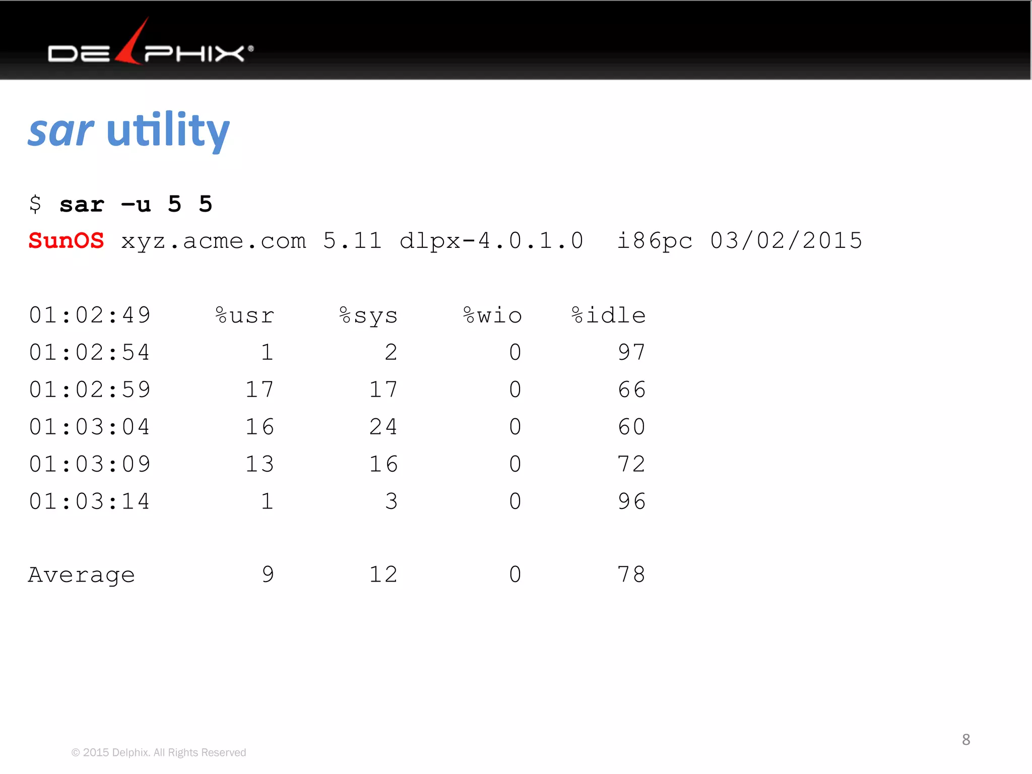 © 2015 Delphix. All Rights Reserved
sar	uElity	
$ sar –u 5 5
SunOS xyz.acme.com 5.11 dlpx-4.0.1.0 i86pc 03/02/2015
01:02:49 %usr %sys %wio %idle
01:02:54 1 2 0 97
01:02:59 17 17 0 66
01:03:04 16 24 0 60
01:03:09 13 16 0 72
01:03:14 1 3 0 96
Average 9 12 0 78
8	
 