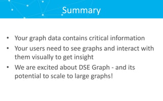 Summary
• Your graph data contains critical information
• Your users need to see graphs and interact with
them visually to get insight
• We are excited about DSE Graph - and its
potential to scale to large graphs!