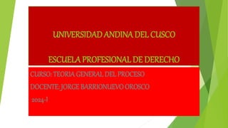 UNIVERSIDAD ANDINA DEL CUSCO
ESCUELA PROFESIONAL DE DERECHO
CURSO: TEORIA GENERAL DEL PROCESO
DOCENTE: JORGE BARRIONUEVOOROSCO
2024-I
 