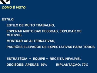 leopoldo.oliveira@fgv.br
COMO É VISTO:
ESTILO:
ESTILO DE MUITO TRABALHO,
ESPERAR MUITO DAS PESSOAS, EXPLICAR OS
MOTIVOS,
MOSTRAR AS ALTERNATIVAS,
PADRÕES ELEVADOS DE EXPECTATIVAS PARA TODOS,
ESTRATÉGIA + EQUIPE = RECEITA INFALÍVEL
DECISÕES: APENAS 30% IMPLANTAÇÃO: 70%
 