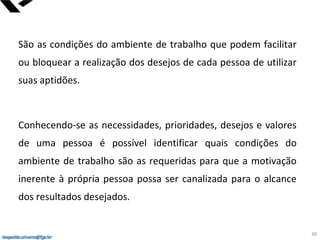 leopoldo.oliveira@fgv.br
São as condições do ambiente de trabalho que podem facilitar
ou bloquear a realização dos desejos de cada pessoa de utilizar
suas aptidões.
Conhecendo-se as necessidades, prioridades, desejos e valores
de uma pessoa é possível identificar quais condições do
ambiente de trabalho são as requeridas para que a motivação
inerente à própria pessoa possa ser canalizada para o alcance
dos resultados desejados.
leopoldo.oliveira@fgv.br
30
 