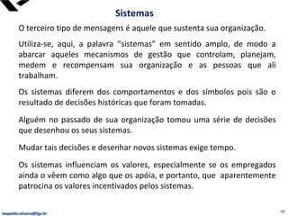 leopoldo.oliveira@fgv.br
O terceiro tipo de mensagens é aquele que sustenta sua organização.
Utiliza-se, aqui, a palavra “sistemas” em sentido amplo, de modo a
abarcar aqueles mecanismos de gestão que controlam, planejam,
medem e recompensam sua organização e as pessoas que ali
trabalham.
Os sistemas diferem dos comportamentos e dos símbolos pois são o
resultado de decisões históricas que foram tomadas.
Alguém no passado de sua organização tomou uma série de decisões
que desenhou os seus sistemas.
Mudar tais decisões e desenhar novos sistemas exige tempo.
Os sistemas influenciam os valores, especialmente se os empregados
ainda o vêem como algo que os apóia, e portanto, que aparentemente
patrocina os valores incentivados pelos sistemas.
Sistemas
leopoldo.oliveira@fgv.br 40
 