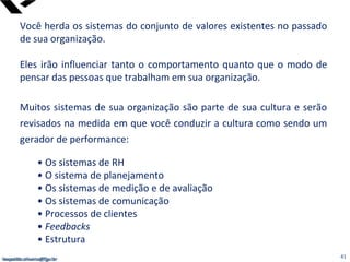 leopoldo.oliveira@fgv.br
Você herda os sistemas do conjunto de valores existentes no passado
de sua organização.
Eles irão influenciar tanto o comportamento quanto que o modo de
pensar das pessoas que trabalham em sua organização.
Muitos sistemas de sua organização são parte de sua cultura e serão
revisados na medida em que você conduzir a cultura como sendo um
gerador de performance:
• Os sistemas de RH
• O sistema de planejamento
• Os sistemas de medição e de avaliação
• Os sistemas de comunicação
• Processos de clientes
• Feedbacks
• Estrutura
41leopoldo.oliveira@fgv.br
 