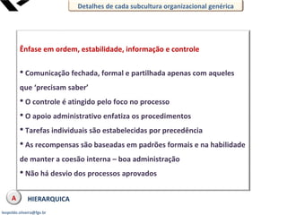 leopoldo.oliveira@fgv.br
Ênfase em ordem, estabilidade, informação e controle
 Comunicação fechada, formal e partilhada apenas com aqueles
que ‘precisam saber’
 O controle é atingido pelo foco no processo
 O apoio administrativo enfatiza os procedimentos
 Tarefas individuais são estabelecidas por precedência
 As recompensas são baseadas em padrões formais e na habilidade
de manter a coesão interna – boa administração
 Não há desvio dos processos aprovados
HIERARQUICA
Detalhes de cada subcultura organizacional genérica
A
 