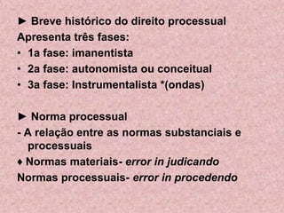 ► Breve histórico do direito processual
Apresenta três fases:
• 1a fase: imanentista
• 2a fase: autonomista ou conceitual
• 3a fase: Instrumentalista *(ondas)

► Norma processual
- A relação entre as normas substanciais e
  processuais
♦ Normas materiais- error in judicando
Normas processuais- error in procedendo
 