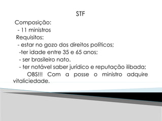 STF
Composição:
- 11 ministros
Requisitos:
- estar no gozo dos direitos políticos;
-ter idade entre 35 e 65 anos;
- ser brasileiro nato.
- ter notável saber jurídico e reputação ilibada;
OBS!!! Com a posse o ministro adquire
vitaliciedade.
 