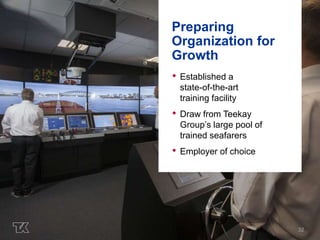 32 
Preparing 
Organization for 
Growth 
• Established a 
state-of-the-art 
training facility 
• Draw from Teekay 
Group’s large pool of 
trained seafarers 
• Employer of choice 
 