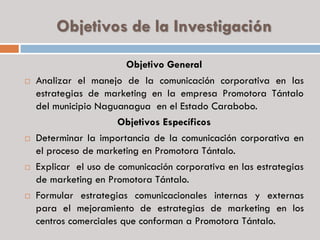 Objetivos de la Investigación
Objetivo General
 Analizar el manejo de la comunicación corporativa en las
estrategias de marketing en la empresa Promotora Tántalo
del municipio Naguanagua en el Estado Carabobo.
Objetivos Específicos
 Determinar la importancia de la comunicación corporativa en
el proceso de marketing en Promotora Tántalo.
 Explicar el uso de comunicación corporativa en las estrategias
de marketing en Promotora Tántalo.
 Formular estrategias comunicacionales internas y externas
para el mejoramiento de estrategias de marketing en los
centros comerciales que conforman a Promotora Tántalo.
 