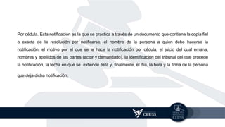 Por cédula. Esta notificación es la que se practica a través de un documento que contiene la copia fiel
o exacta de la resolución por notificarse, el nombre de la persona a quien debe hacerse la
notificación, el motivo por el que se le hace la notificación por cédula, el juicio del cual emana,
nombres y apellidos de las partes (actor y demandado), la identificación del tribunal del que procede
la notificación, la fecha en que se extiende ésta y, finalmente, el día, la hora y la firma de la persona
que deja dicha notificación.
 