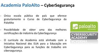 Academia PaloAlto – CyberSegurança
- Única escola pública do país que oferece
gratuitamente o Curso de CyberSegurança da
PaloAlto
- Possibilidade de obter uma das melhores
certificações de indústria da CyberSegurança
- O currículo da Academia está alinhado com a
Iniciativa Nacional dos EUA para a Educação em
CyberSegurança para as funções de trabalho em
cibersegurança.
 