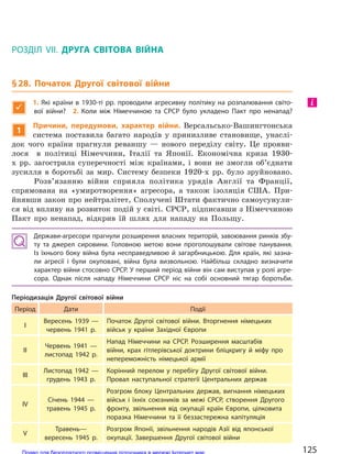 РОЗДІЛ VII. ДРУГА СВІТОВА ВІЙНА
§28. Початок Другої світової війни

1. Які країни в  1930-ті рр. проводили агресивну політику на  розпалювання світо-
вої війни? 2.  Коли між Німеччиною та  СРСР було укладено Пакт про ненапад?
1
Причини, передумови, характер війни. Версальсько-Вашингтонська
система поставила багато народів у принизливе становище, унаслі-
док чого країни прагнули реваншу — нового переділу світу. Це прояви-
лося в політиці Німеччини, Італії та Японії. Економічна криза 1930-
х рр. загострила суперечності між країнами, і вони не змогли об’єднати
зусилля в боротьбі за мир. Систему безпеки 1920-х рр. було зруйновано.
Розв’язанню війни сприяла політика урядів Англії та Франції,
спрямована на «умиротворення» агресора, а також ізоляція США. При-
йнявши закон про нейтралітет, Сполучені Штати фактично самоусунули-
ся від впливу на розвиток подій у світі. СРСР, підписавши з Німеччиною
Пакт про ненапад, відкрив їй шлях для нападу на Польщу.
Держави-агресори прагнули розширення власних територій, завоювання ринків збу-
ту та  джерел сировини. Головною метою вони проголошували світове панування.
Із  їхнього боку війна була несправедливою й  загарбницькою. Для  країн, які зазна-
ли агресії і  були окуповані, війна була визвольною. Найбільш складно визначити
характер війни стосовно СРСР. У перший період війни він сам виступав у ролі агре-
сора. Однак після нападу Німеччини СРСР ніс на  собі основний тягар боротьби.
Періодизація Другої світової війни
Період Дати Події
І
Вересень 1939 —
червень 1941 р.
Початок Другої світової війни. Вторгнення німецьких
військ у країни Західної Європи
ІІ
Червень 1941 —
листопад 1942 р.
Напад Німеччини на СРСР. Розширення масштабів
війни, крах гітлерівської доктрини бліцкригу й міфу про
непереможність німецької армії
ІІІ
Листопад 1942 —
грудень 1943 р.
Корінний перелом у перебігу Другої світової війни.
Провал наступальної стратегії Центральних держав
ІV
Січень 1944 —
травень 1945 р.
Розгром блоку Центральних держав, вигнання німецьких
військ і їхніх союзників за межі СРСР, створення Другого
фронту, звільнення від окупації країн Європи, цілковита
поразка Німеччини та її беззастережна капітуляція
V
Травень—
вересень 1945 р.
Розгром Японії, звільнення народів Азії від японської
окупації. Завершення Другої світової війни
і
125Право для безоплатного розміщення підручника в мережі Інтернет має
Міністерство освіти і науки України http://mon.gov.ua/ та Інститут модернізації змісту освіти https://imzo.gov.ua
 