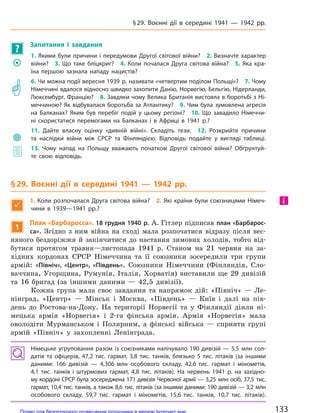 ?
Запитання і  завдання
	�
1. Якими були причини і  передумови Другої світової війни? 2. Визначте характер
війни? 3.  Що таке бліцкриг? 4.  Коли почалася Друга світова війна? 5.  Яка кра-
їна першою зазнала нападу нацистів?
	�
6. Чи можна події вересня 1939 р. називати «четвертим поділом Польщі»? 7. Чому
Німеччині вдалося відносно швидко захопити Данію, Норвегію, Бельгію, Нідерланди,
Люксембург, Францію? 8. Завдяки чому Велика Британія вистояла в боротьбі з Ні-
меччиною? Як відбувалася боротьба за Атлантику? 9. Чим була зумовлена агресія
на  Балканах? Яким був перебіг подій у  цьому регіоні? 10.  Що завадило Німеччи-
ні скористатися перемогами на  Балканах і  в  Африці в  1941 р.?
	
11. Дайте власну оцінку «дивній війні». Складіть тези. 12.  Розкрийте причини
та  наслідки війни між СРСР та  Фінляндією. Відповідь подайте у  вигляді таблиці.
	� 13. Чому напад на  Польщу вважають початком Другої світової війни? Обґрунтуй-
те свою відповідь.
§29. Воєнні дії в  середині 1941  — 1942 рр.

1. Коли розпочалася Друга світова війна? 2. Які країни були союзницями Німеч-
чини в  1939—1941 рр.?
1
План «Барбаросса». 18 грудня 1940 р. А. Гітлер підписав план «Барбарос-
са». Згідно з ним війна на сході мала розпочатися відразу після вес-
няного бездоріжжя й закінчитися до настання зимових холодів, тобто від-
бутися протягом травня—листопада 1941 р. Станом на 21 червня на за-
хідних кордонах СРСР Німеччина та її союзники зосередили три групи
армій: «Північ», «Центр», «Південь». Союзники Німеччини (Фінляндія, Сло-
ваччина, Угорщина, Румунія, Італія, Хорватія) виставили ще 29 дивізій
та 16 бригад (за іншими даними — 42,5 дивізії).
Кожна група мала своє завдання та напрямок дій: «Північ» — Ле-
нінград, «Центр» — Мінськ і Москва, «Південь» — Київ і далі на пів-
день до Ростова-на-Дону. На території Норвегії та у Фінляндії діяли ні-
мецька армія «Норвегія» і 2-га фінська армія. Армія «Норвегія» мала
оволодіти Мурманськом і Полярним, а фінські війська — сприяти групі
армій «Північ» у захопленні Ленінграда.
Німецьке угруповання разом із союзниками налічувало 190 дивізій — 5‚5 млн сол-
датів та  офіцерів, 47‚2 тис. гармат, 3,8 тис. танків, близько 5 тис. літаків (за  іншими
даними: 166 дивізій  — 4,306 млн особового складу, 42,6 тис. гармат і  мінометів,
4,1 тис. танків і  штурмових гармат, 4,8 тис. літаків). На  червень 1941 р. на  західно-
му кордоні СРСР була зосереджена 171 дивізія Червоної армії — 3,25 млн осіб, 37,5 тис.
гармат, 10,4 тис. танків, а також 8,6 тис. літаків (за іншими даними: 190 дивізій — 3,2 млн
особового складу, 59,7 тис. гармат і  мінометів, 15,6 тис. танків, 10,7 тис. літаків).
і
133
§29. Воєнні дії в  середині 1941  — 1942 рр.
Право для безоплатного розміщення підручника в мережі Інтернет має
Міністерство освіти і науки України http://mon.gov.ua/ та Інститут модернізації змісту освіти https://imzo.gov.ua
 