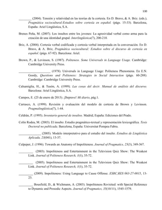 130
________ (2004). Tensión y relatividad en las teorías de la cortesía. En D. Bravo, & A. Briz. (eds.),
Pragmática sociocultural:Estudios sobre cortesía en español. (págs. 15-33). Barcelona,
España: Ariel Lingüística, S.A.
Brenes Peña, M. (2007). Los insultos entre los jovenes: La agresividad verbal como arma para la
creación de una identidad grupal. Interlingüística(7), 200-210.
Briz, A. (2004). Cortesía verbal codificada y cortesía verbal interpretada en la conversación. En D.
Bravo, & A. Briz, Pragmática sociocultural: Estudios sobre el discurso de cortesía en
español. (págs. 67-92). Barcelona: Ariel.
Brown, P., & Levinson, S. (1987). Politeness. Some Universals in Language Usage. Cambridge:
Cambridge University Press.
____________________ (1978). Universals in Language Usage: Politeness Phenomena. En E.N.
Goody, Questions and Politeness: Strategies in Social Interaction (págs. 60-288).
Cambridge: Cambridge University Press.
Calsamiglia, H., & Tusón, A. (1999). Las cosas del decir. Manual de análisis del discurso.
Barcelona: Ariel Lingüística, S.A.
Campos, E. (25 de enero de 2013). ¡Deprave! Mi diario, pág.1.
Carrasco, A. (1999). Revisión y evaluación del modelo de cortesía de Brown y Levinson.
Pragmalingüística(7), 1-44.
Celdrán, P. (1995). Inventario general de insultos. Madrid, España: Ediciones del Prado.
Colín Rodea, M. (2003). El insulto: Estudio pragmático-textual y representación lexicográfica. Tesis
Doctoral no publicada. Barcelona, España: Universitat Pompeu Fabra.
______________ (2005). Modelo interpretativo para el estudio del insulto. Estudios de Lingüística
Aplicada, 23(041), 13-37.
Culpeper, J. (1996). Towards an Anatomy of Impoliteness. Journal of Pragmatics, 25(3), 349-367.
_________ (2003). Impoliteness and Entertainment in the Television Quiz Show: The Weakest
Link. Journal of Politeness Research, 1(1), 35-72.
_________ (2005). Impoliteness and Entertainment in the Television Quiz Show: The Weakest
Link. Journal of Politeness Research, 1(1), 35-72.
_________ (2009). Impoliteness: Using Language to Cause Offense. ESRC,RES 063-27-0015, 13-
23.
_________ Bousfield, D., & Wichmann, A. (2003). Impoliteness Revisited: with Special Reference
to Dynamic and Prosodic Aspects. Journal of Pragmatics, 35(10/11), 1545-1579.
 