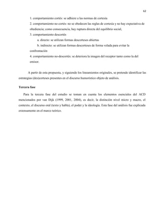 62
1. comportamiento cortés: se adhiere a las normas de cortesía
2. comportamiento no cortés: no se obedecen las reglas de cortesía y no hay expectativa de
obediencia; como consecuencia, hay ruptura directa del equilibrio social,
3. comportamiento descortés
a. directo: se utilizan formas descorteses abiertas
b. indirecto: se utilizan formas descorteses de forma velada para evitar la
confrontación
4. comportamiento no-descortés: se deteriora la imagen del receptor tanto como la del
emisor.
A partir de esta propuesta, y siguiendo los lineamientos originales, se pretende identificar las
estrategias (des)corteses presentes en el discurso humorístico objeto de análisis.
Tercera fase
Para la tercera fase del estudio se toman en cuenta los elementos esenciales del ACD
mencionados por van Dijk (1999, 2001, 2004), es decir, la distinción nivel micro y macro, el
contexto, el discurso oral (texto y habla), el poder y la ideología. Esta fase del análisis fue explicada
extensamente en el marco teórico.
 
