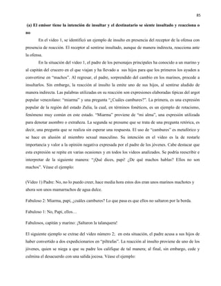 85
(a) El emisor tiene la intención de insultar y el destinatario se siente insultado y reacciona o
no
En el video 1, se identificó un ejemplo de insulto en presencia del receptor de la ofensa con
presencia de reacción. El receptor al sentirse insultado, aunque de manera indirecta, reacciona ante
la ofensa.
En la situación del video 1, el padre de los personajes principales ha conocido a un marino y
al capitán del crucero en el que viajan y ha llevado a sus hijos para que los primeros los ayuden a
convertirse en “machos”. Al regresar, el padre, sorprendido del cambio en los marinos, procede a
insultarlos. Sin embargo, la reacción al insulto la emite uno de sus hijos, al sentirse aludido de
manera indirecta. Las palabras utilizadas en su reacción son expresiones elaboradas típicas del argot
popular venezolano: “miarma” y una pregunta “¿Cuáles cambures?”. La primera, es una expresión
popular de la región del estado Zulia, la cual, en términos fonéticos, es un ejemplo de rotacismo,
fenómeno muy común en este estado. “Miarma” proviene de “mi alma”, una expresión utilizada
para denotar asombro o extrañeza. La segunda se presume que se trata de una pregunta retórica, es
decir, una pregunta que se realiza sin esperar una respuesta. El uso de “cambures” es metafórico y
se hace en alusión al miembro sexual masculino. Su intención en el video es la de restarle
importancia y valor a la opinión negativa expresada por el padre de los jóvenes. Cabe destacar que
esta expresión se repite en varias ocasiones y en todos los videos analizados. Se podría reescribir e
interpretar de la siguiente manera: “¡Qué dices, papi! ¿De qué machos hablas? Ellos no son
machos”. Véase el ejemplo:
(Video 1) Padre: No, no lo puedo creer, hace media hora estos dos eran unos marinos machotes y
ahora son unos mamarrachos de agua dulce.
Fabuloso 2: Miarma, papi, ¿cuáles cambures? Lo que pasa es que ellos no saltaron por la borda.
Fabuloso 1: No, Papi, ellos…
Fabulosos, capitán y marino: ¡Saltaron la talanquera!
El siguiente ejemplo se extrae del video número 2; en esta situación, el padre acusa a sus hijos de
haber convertido a dos expedicionarios en “piltrafas”. La reacción al insulto proviene de uno de los
jóvenes, quien se niega a que su padre los califique de tal manera; al final, sin embargo, cede y
culmina el desacuerdo con una salida jocosa. Véase el ejemplo:
 