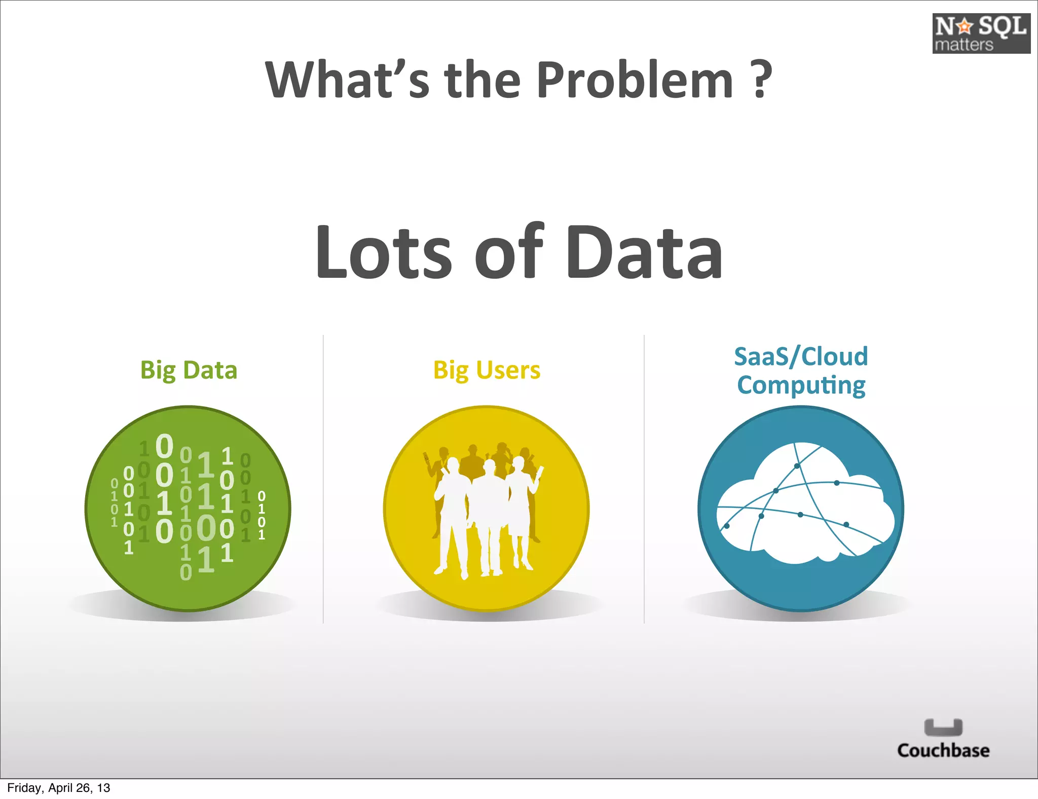 What’s	
  the	
  Problem	
  ?
Lots	
  of	
  Data
Big	
  Data SaaS/Cloud	
  
CompuDng
Big	
  Users
Friday, April 26, 13
 