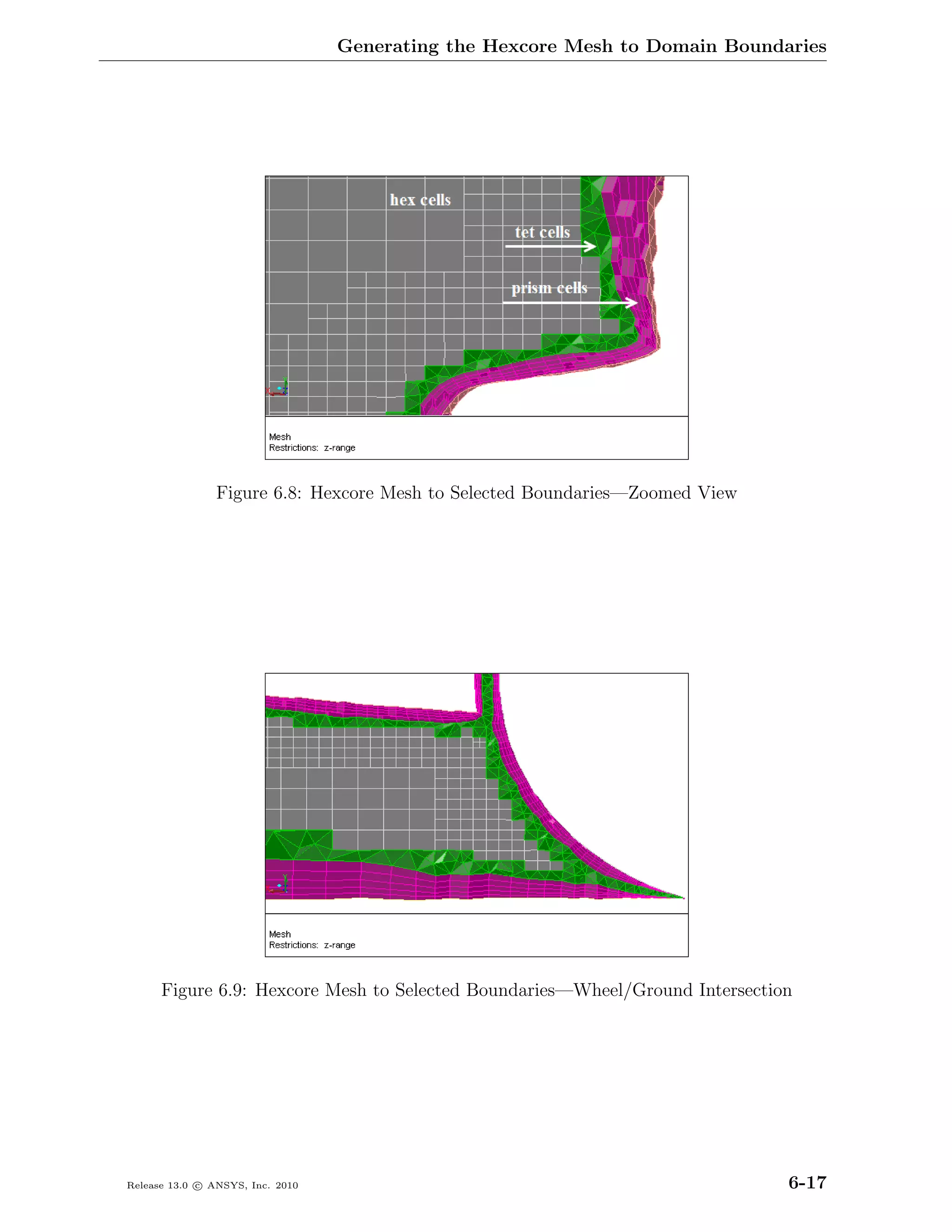 Generating the Hexcore Mesh to Domain Boundaries




                Figure 6.8: Hexcore Mesh to Selected Boundaries—Zoomed View




      Figure 6.9: Hexcore Mesh to Selected Boundaries—Wheel/Ground Intersection




Release 13.0 c ANSYS, Inc. 2010                                               6-17
 
