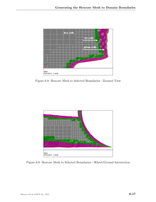 Generating the Hexcore Mesh to Domain Boundaries




                Figure 6.8: Hexcore Mesh to Selected Boundaries—Zoomed View




      Figure 6.9: Hexcore Mesh to Selected Boundaries—Wheel/Ground Intersection




Release 13.0 c ANSYS, Inc. 2010                                               6-17
 