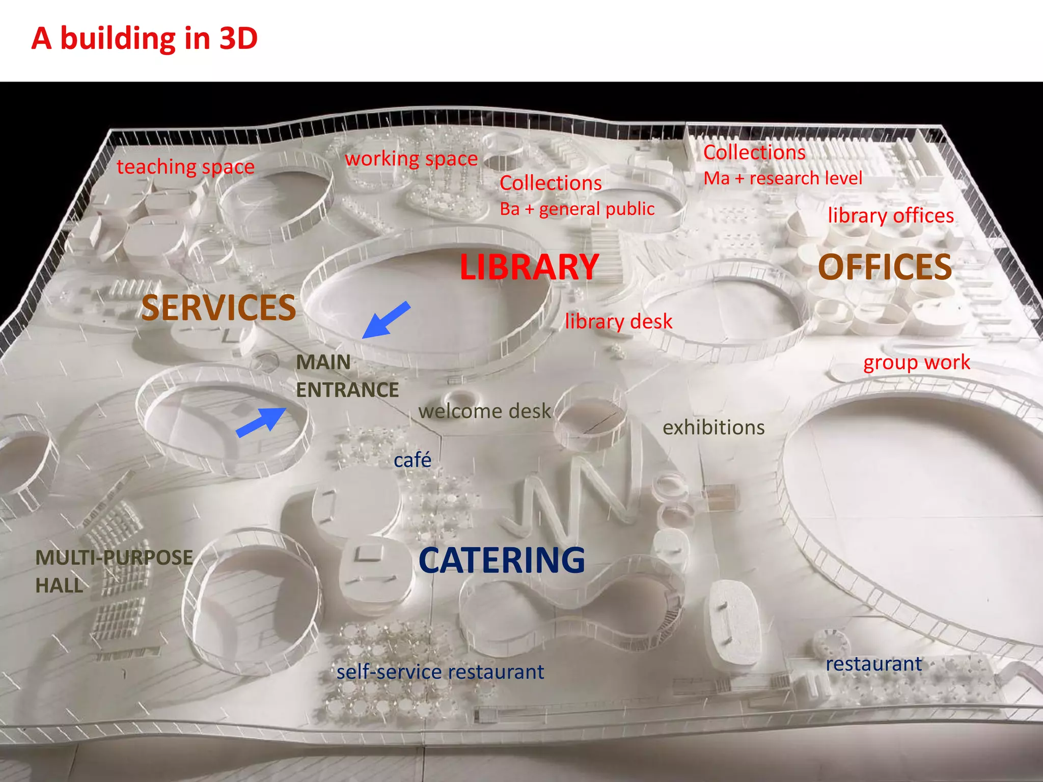 A building in 3D
LIBRARY
Collections
Ma + research level
library desk
group work
library offices
SERVICES
MULTI-PURPOSE
HALL
café
self-service restaurant restaurant
OFFICES
CATERING
Collections
Ba + general public
teaching space
MAIN
ENTRANCE
exhibitions
welcome desk
working space
 