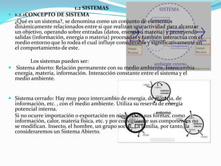 1.2 SISTEMAS
 1.2.1CONCEPTO DE SISTEMA
  ¿Qué es un sistema?, se denomina como un conjunto de elementos
  dinámicamente relacionados entre si que realizan una actividad para alcanzar
  un objetivo, operando sobre entradas (datos, energía o materia) y proveyendo
  salidas (información, energía o materia) procesadas y también interactúa con el
  medio entorno que lo rodea el cual influye considerable y significativamente en
  el comportamiento de este.

        Los sistemas pueden ser:
 Sistema abierto: Relación permanente con su medio ambiente. Intercambia
  energía, materia, información. Interacción constante entre el sistema y el
  medio ambiente.


 Sistema cerrado: Hay muy poco intercambio de energía, de materia, de
  información, etc. , con el medio ambiente. Utiliza su reserva de energía
  potencial interna.
  Si no ocurre importación o exportación en ninguna de sus formas, como
  información, calor, materia física, etc. y por consiguiente sus componentes no
  se modifican. Insecto, el hombre, un grupo social. La familia, por tanto, la
  consideraremos un Sistema Abierto.
 
