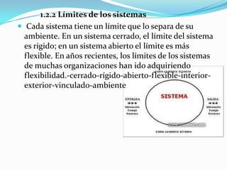 1.2.2 Límites de los sistemas
 Cada sistema tiene un límite que lo separa de su
  ambiente. En un sistema cerrado, el límite del sistema
  es rígido; en un sistema abierto el límite es más
  flexible. En años recientes, los límites de los sistemas
  de muchas organizaciones han ido adquiriendo
  flexibilidad.-cerrado-rígido-abierto-flexible-interior-
  exterior-vinculado-ambiente
 