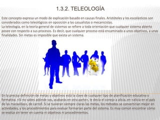 1.3.2. TELEOLOGÍA
Este concepto expresa un modo de explicación basado en causas finales. Aristóteles y los escolásticos son
considerados como teleológicos en oposición a las casualistas o mecanicistas.
La teleología, en la teoría general de sistemas se refiere a toda orientación que cualquier sistema abierto
posee con respecto a sus procesos. Es decir, que cualquier proceso está encaminado a unos objetivos, a unas
finalidades. Sin metas es imposible que exista un sistema.




En la precisa definición de metas y objetivos está la clave de cualquier tipo de planificación educativa o
formativa. «Si no sabes adónde vas, acabarás en otra parte», le decía el conejo a alicia, en «alicia en el país
de las maravillas», de carroll. Si se tuvieran siempre claras las metas, los métodos se convertirían mejor en
actividades, y los procedimientos para evaluar formarían parte del sistema. Es muy común encontrar cómo
se evalúa sin tener en cuenta ni objetivos ni procedimientos.
 