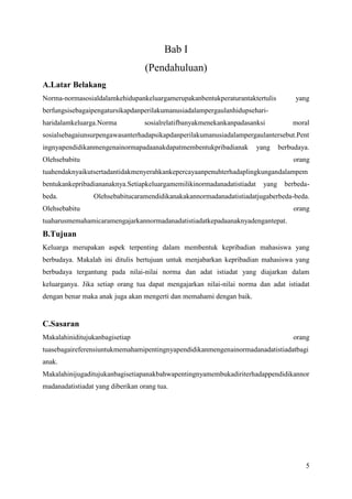 Bab I
(Pendahuluan)
A.Latar Belakang
Norma-normasosialdalamkehidupankeluargamerupakanbentukperaturantaktertulis

yang

berfungsisebagaipengatursikapdanperilakumanusiadalampergaulanhidupsehariharidalamkeluarga.Norma

sosialrelatifbanyakmenekankanpadasanksi

moral

sosialsebagaiunsurpengawasanterhadapsikapdanperilakumanusiadalampergaulantersebut.Pent
ingnyapendidikanmengenainormapadaanakdapatmembentukpribadianak

yang

berbudaya.

Olehsebabitu

orang

tuahendaknyaikutsertadantidakmenyerahkankepercayaanpenuhterhadaplingkungandalampem
bentukankepribadiananaknya.Setiapkeluargamemilikinormadanadatistiadat
beda.

yang

berbeda-

Olehsebabitucaramendidikanakakannormadanadatistiadatjugaberbeda-beda.

Olehsebabitu

orang

tuaharusmemahamicaramengajarkannormadanadatistiadatkepadaanaknyadengantepat.

B.Tujuan
Keluarga merupakan aspek terpenting dalam membentuk kepribadian mahasiswa yang
berbudaya. Makalah ini ditulis bertujuan untuk menjabarkan kepribadian mahasiswa yang
berbudaya tergantung pada nilai-nilai norma dan adat istiadat yang diajarkan dalam
keluarganya. Jika setiap orang tua dapat mengajarkan nilai-nilai norma dan adat istiadat
dengan benar maka anak juga akan mengerti dan memahami dengan baik.

C.Sasaran
Makalahiniditujukanbagisetiap

orang

tuasebagaireferensiuntukmemahamipentingnyapendidikanmengenainormadanadatistiadatbagi
anak.
Makalahinijugaditujukanbagisetiapanakbahwapentingnyamembukadiriterhadappendidikannor
madanadatistiadat yang diberikan orang tua.

5

 