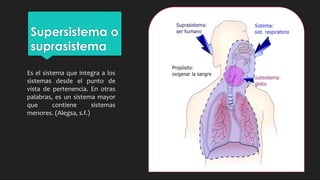 Supersistema o
suprasistema
Es el sistema que integra a los
sistemas desde el punto de
vista de pertenencia. En otras
palabras, es un sistema mayor
que contiene sistemas
menores. (Alegsa, s.f.)
 