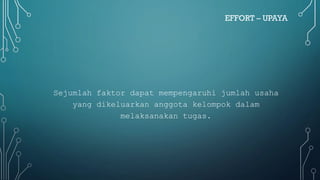 EFFORT – UPAYA
Sejumlah faktor dapat mempengaruhi jumlah usaha
yang dikeluarkan anggota kelompok dalam
melaksanakan tugas.
 
